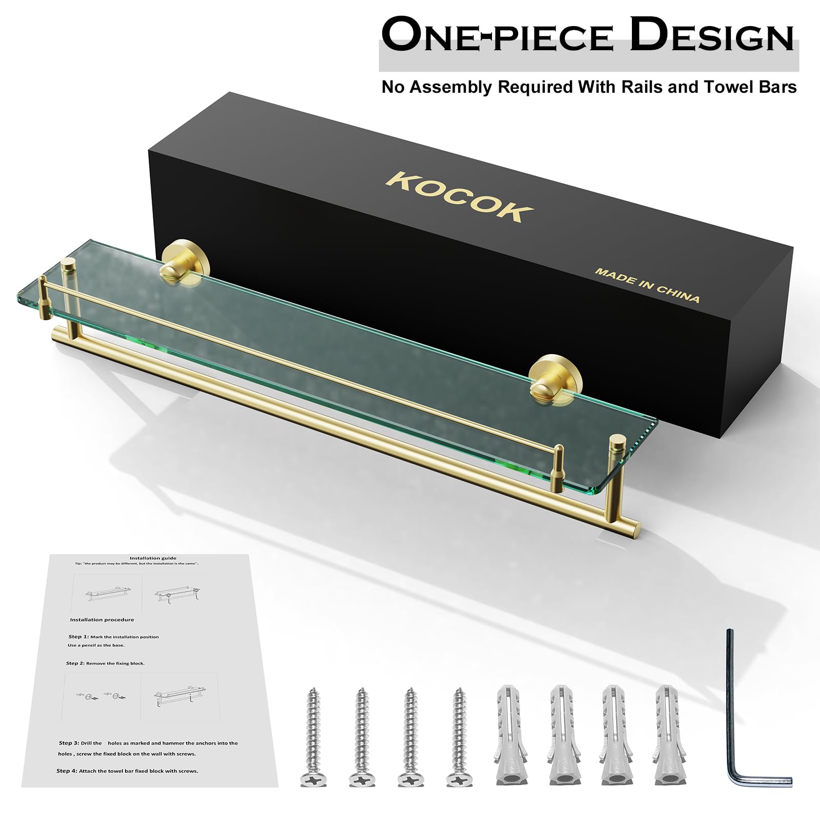 Glass Bathroom Shelf With Towel Bar,24-Inch Brushed Gold Stainless Steel Glass Shelves For Bathroom With Towel Holder Rectangula