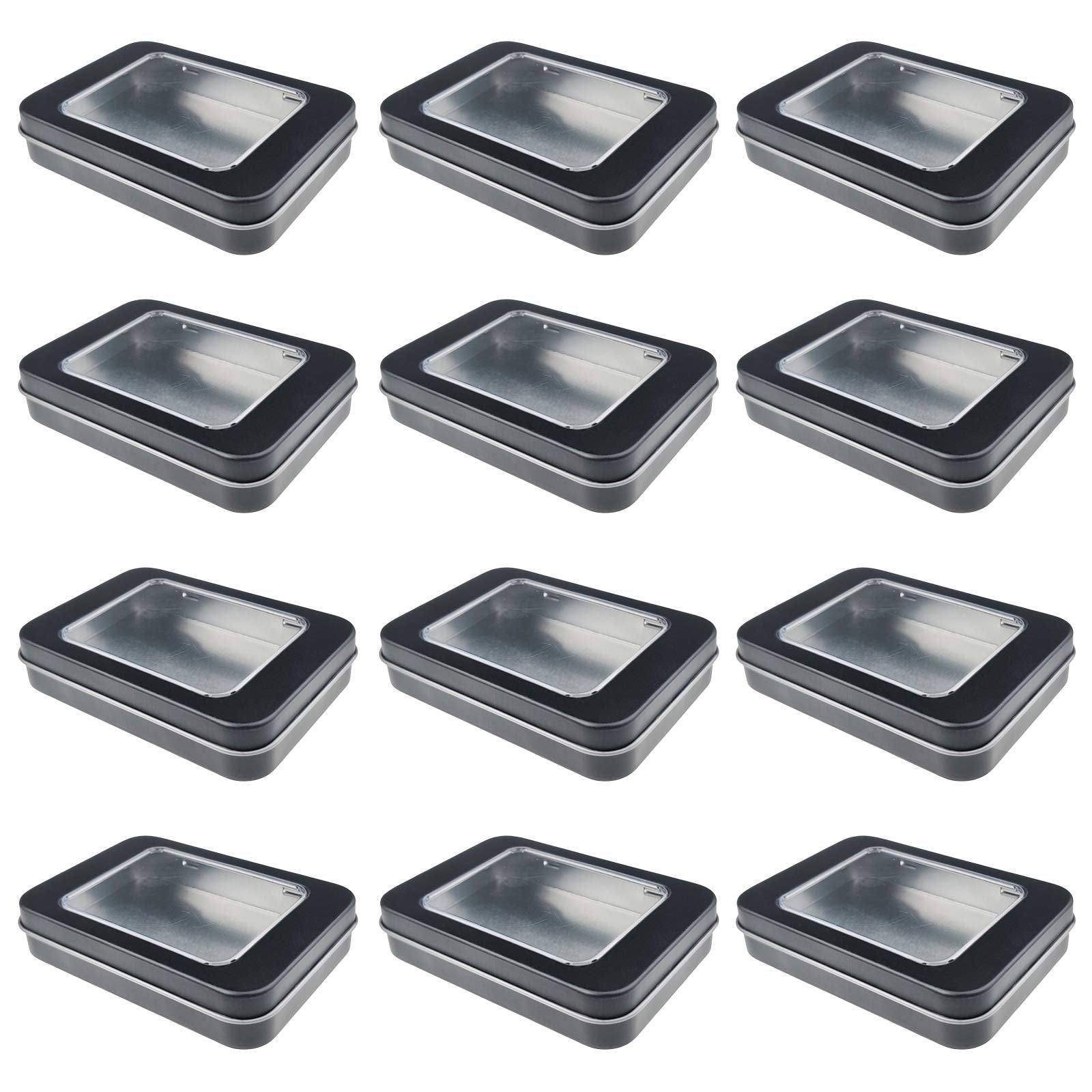 12 Pack Empty Rectangular Metal Storage Organizer Tins With Clear Window Hinged Lids For Candies, Gifts & Treasures (Black)