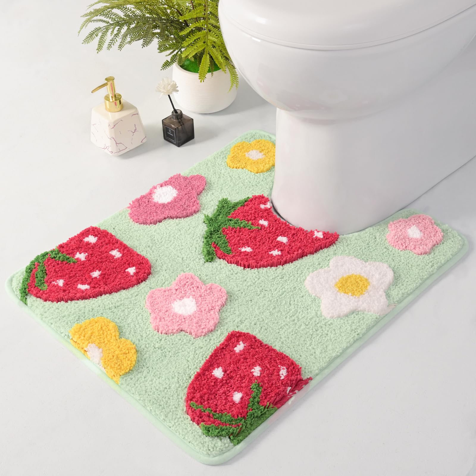 Anybar Green Toilet Rugs U Shaped, Cute Strawberry Flower Bathroom Contour Toilet Mats,Extra Soft Absorbent Toilet Carpet Bathro