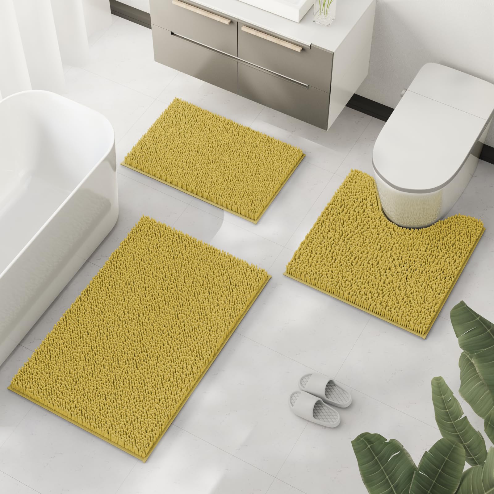 Yellow Bathroom Rug Bathroom Set  Cute Bathroom Rugs  Chenille Bath Rug Sets 3 Piece  Ultra Soft Non-Slip Bath Rug  and Absorbent Bathroom Rug Set  Easy Clean  Plush Bath Mat for Bathroom  Tub  Shower