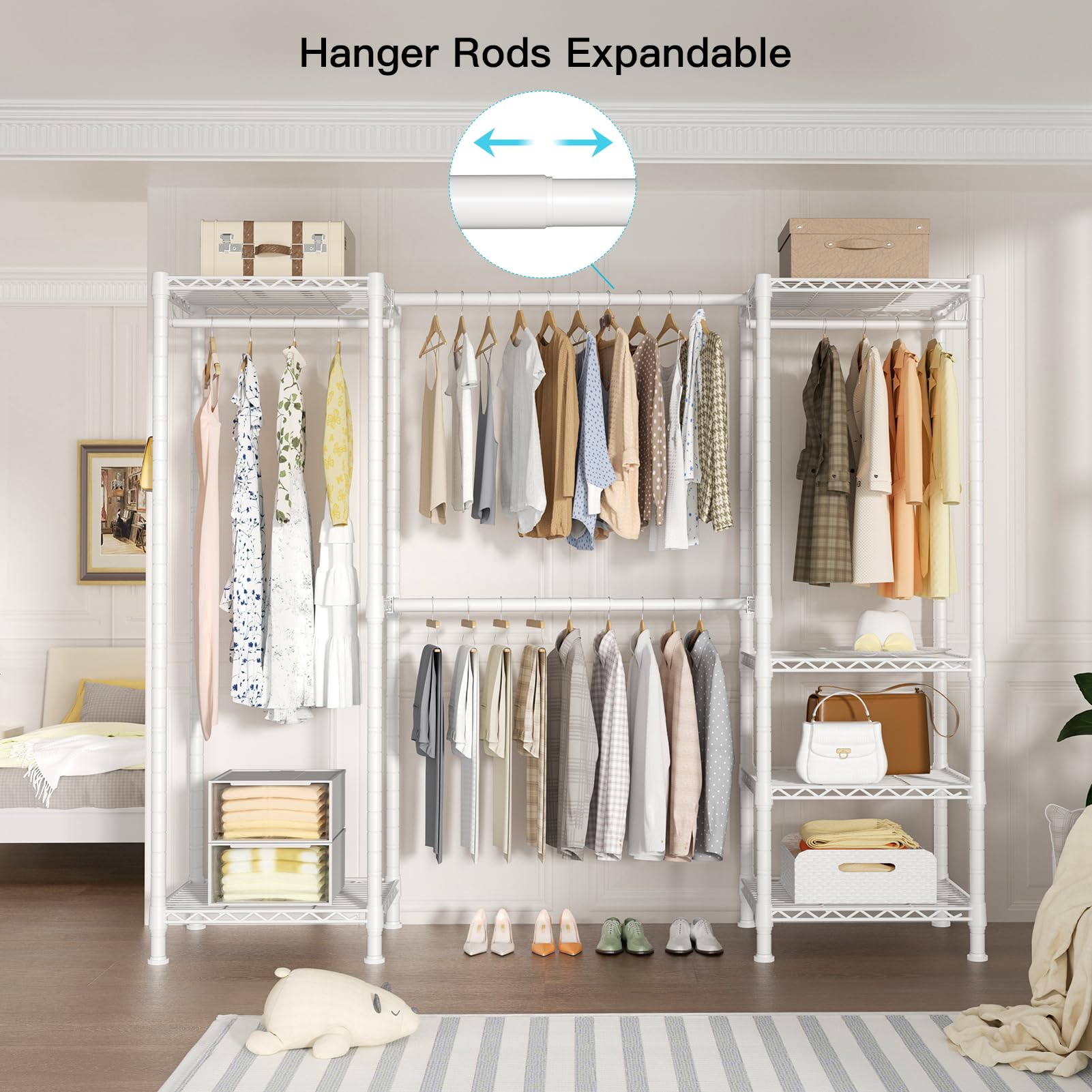 Ulif E7 Heavy Duty Garment Rack, Clothes Organizer And Storage Rack With Expandable Hangers, Metal Clothing Rack With 6 Wire She