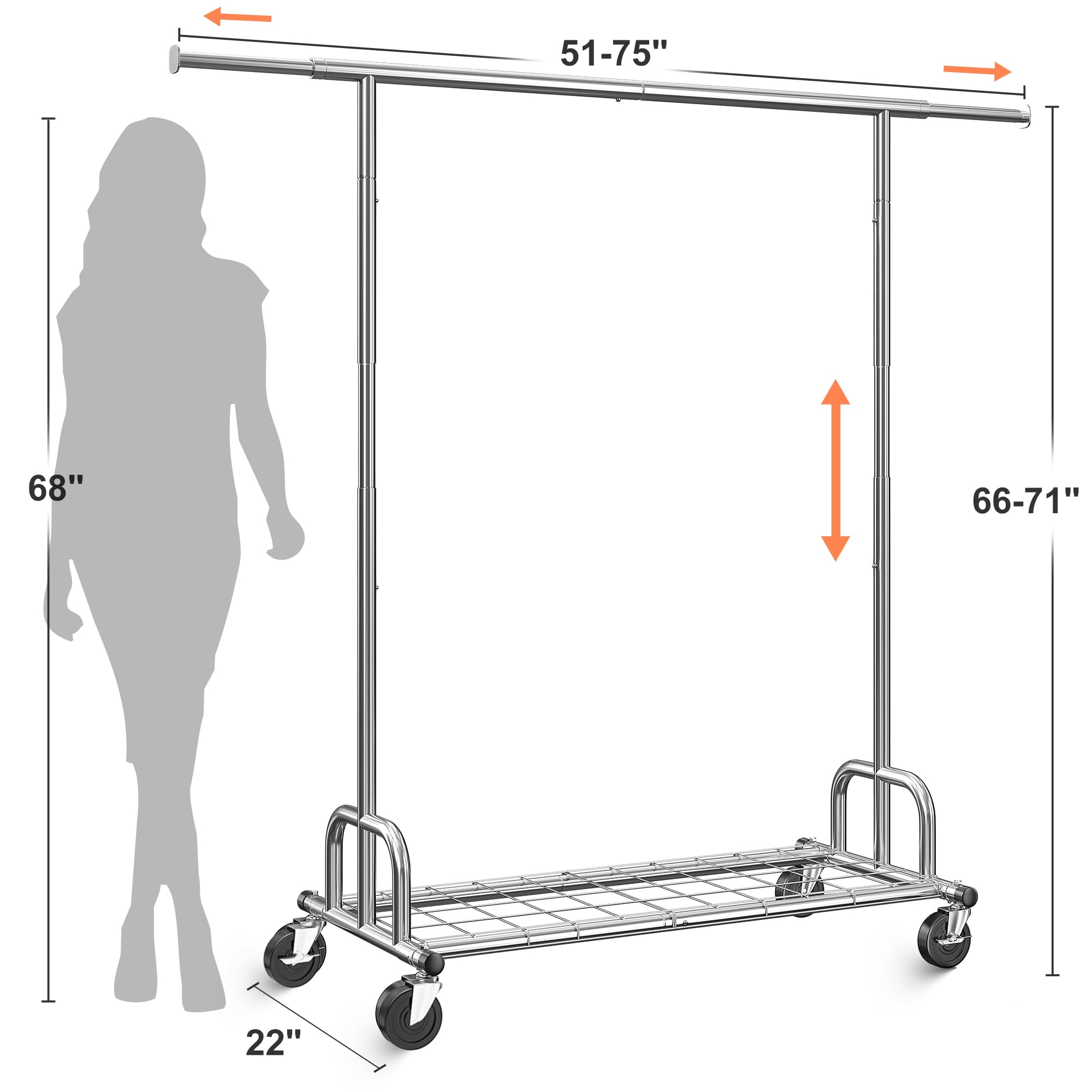 Raybee Clothing Rack Loads 480Lbs,Clothing Racks For Hanging Clothes,Adjustable Rolling Clothes Rack With Wheels,Garment Rack He