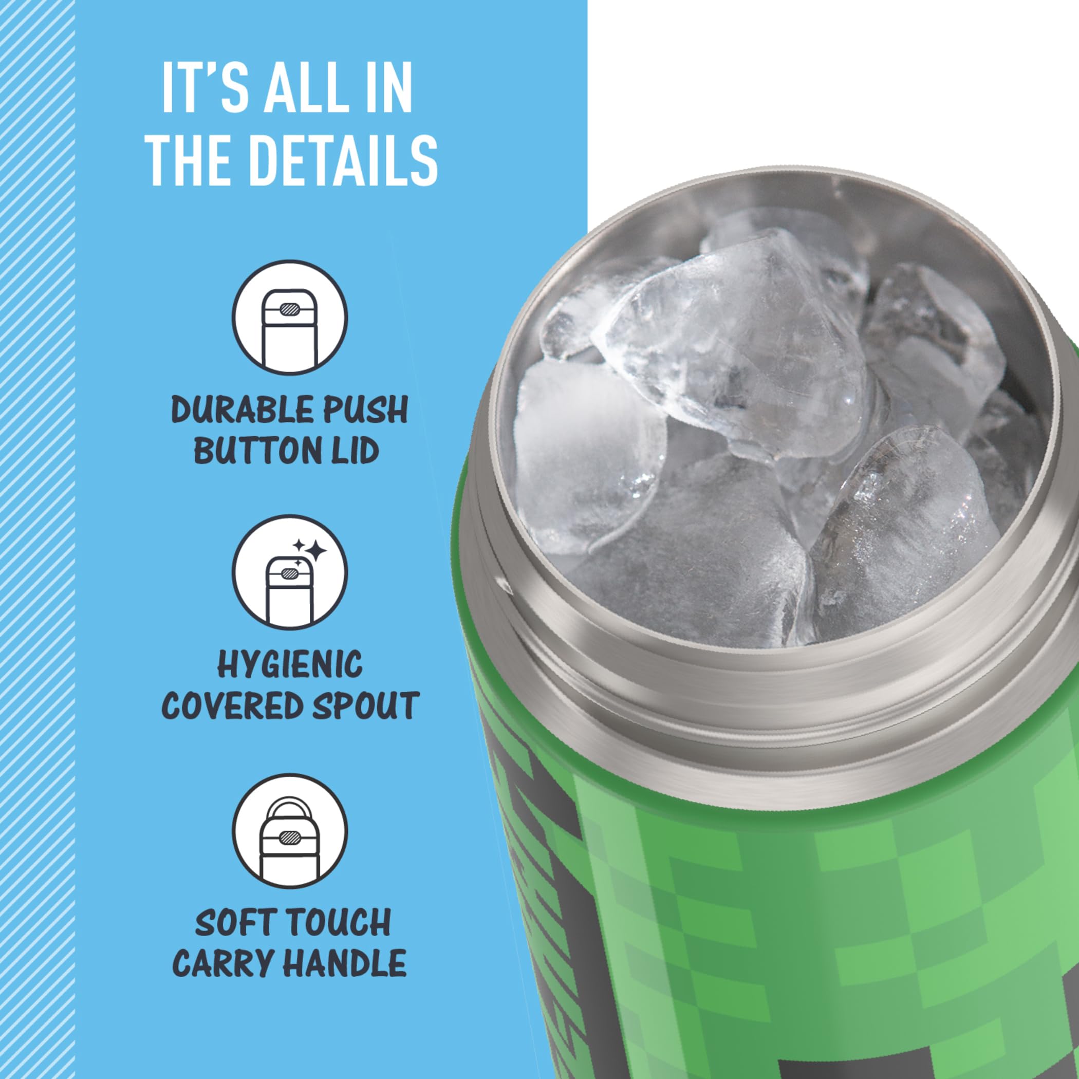 Thermos Funtainer 16 Ounce Stainless Steel Vacuum Insulated Bottle With Wide Spout Lid, Minecraft