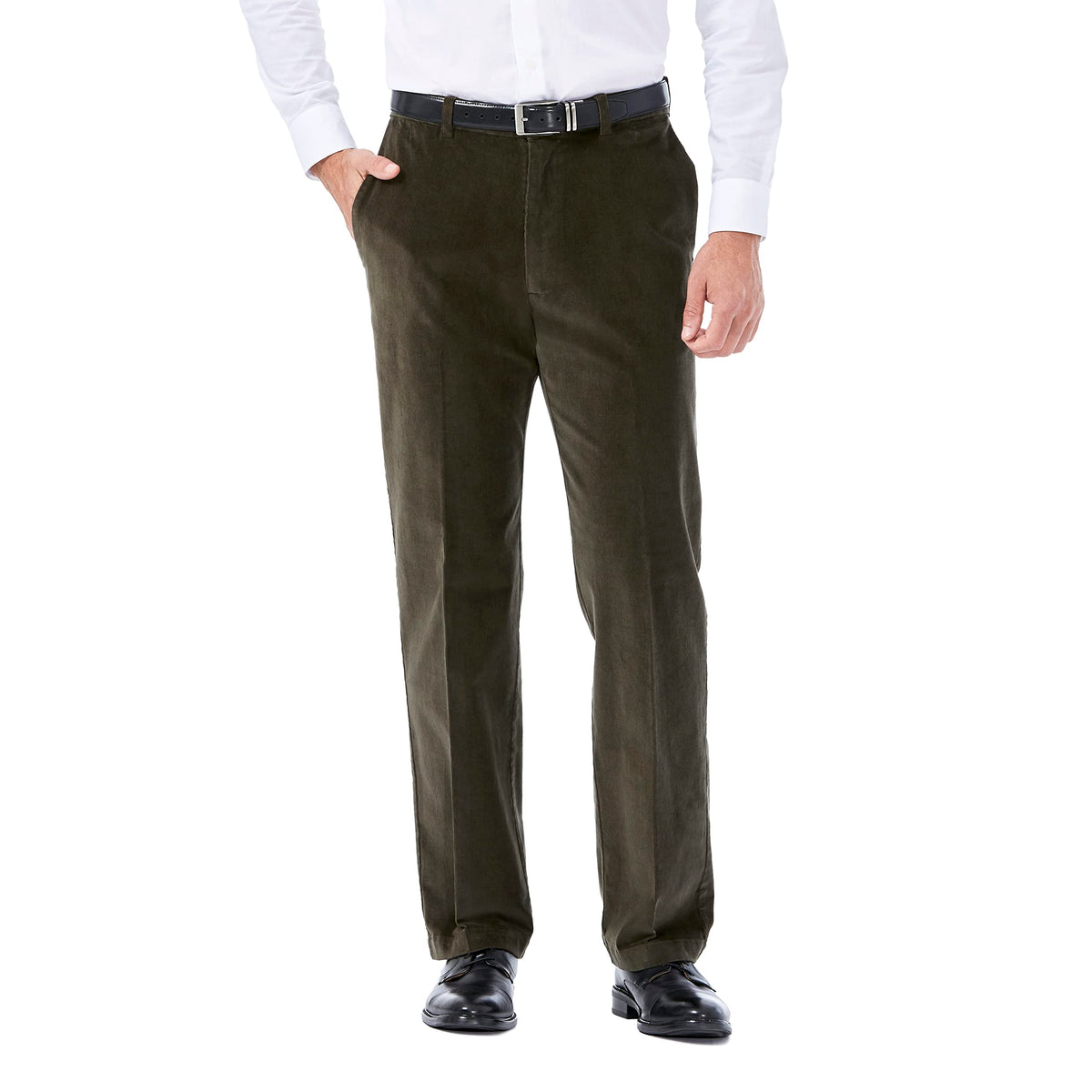 Haggar Mens Stretch Corduroy Expandable Waist Classic Fit Flat Front Casual Pants, Military Green, 36W X 31L Us