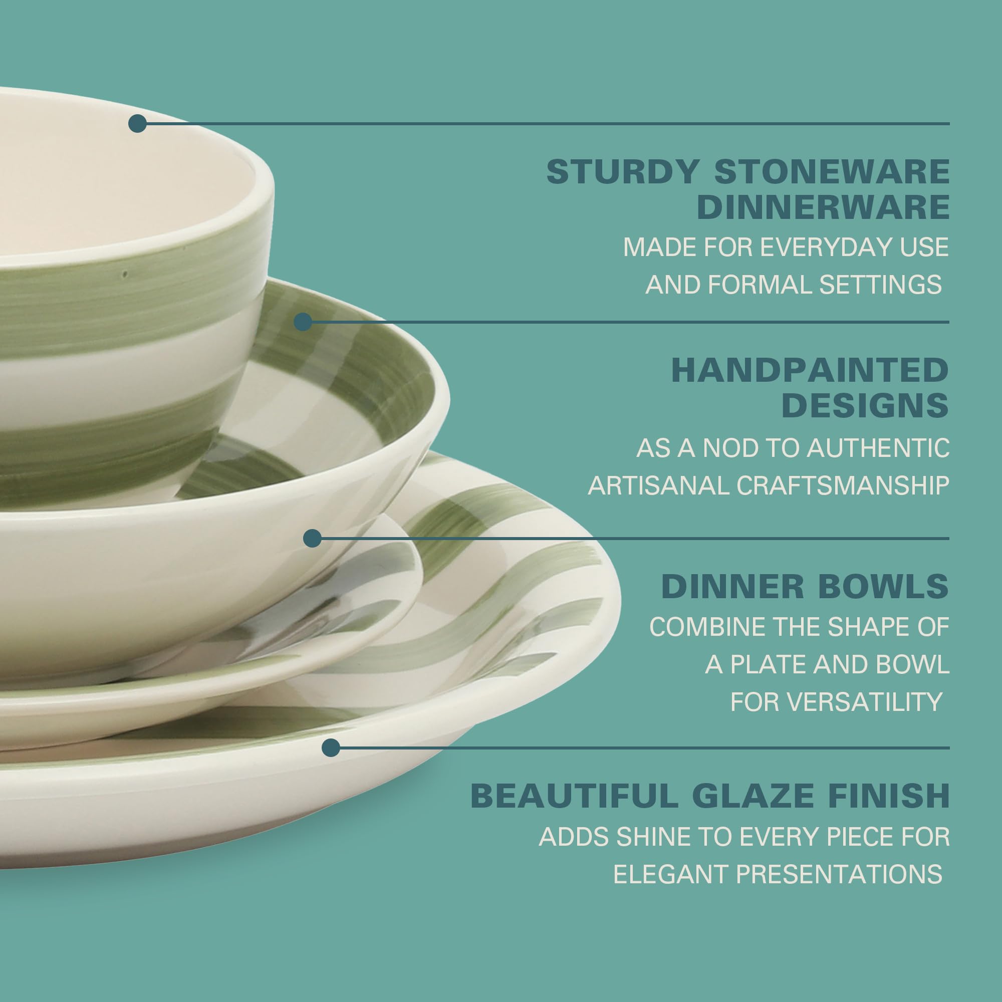 Gibson Home Kenwood Shores 16 Piece Dinnerware Set, Green Striped, Hand-Painted Stoneware, Plates and Bowls, Service for 4, Micr