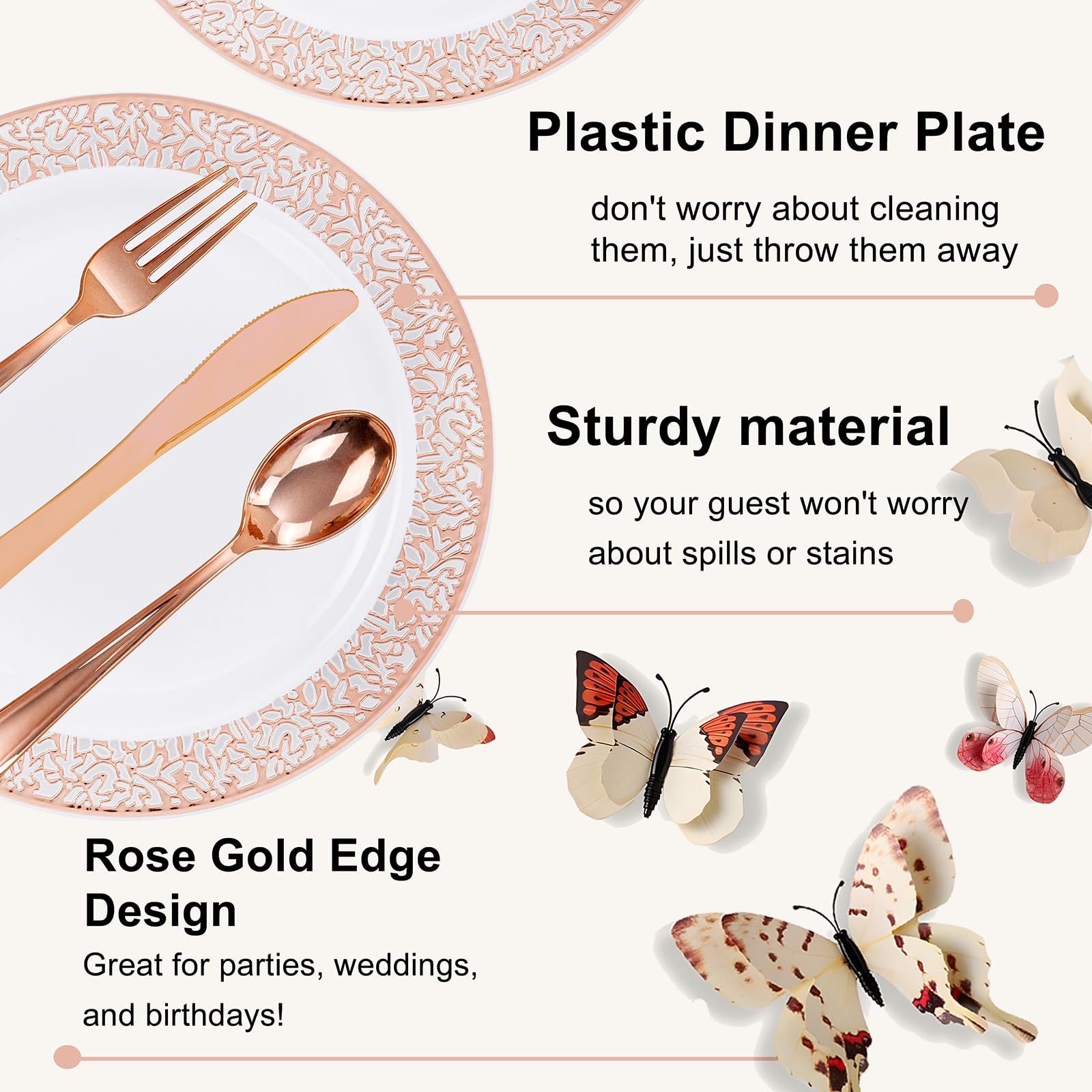 Wellife 350 Pieces Valentines Rose Gold Plastic Dinnerware, Disposable Rose Gold Lace Plates, Include:50 Dinner Plates, 50 Desse