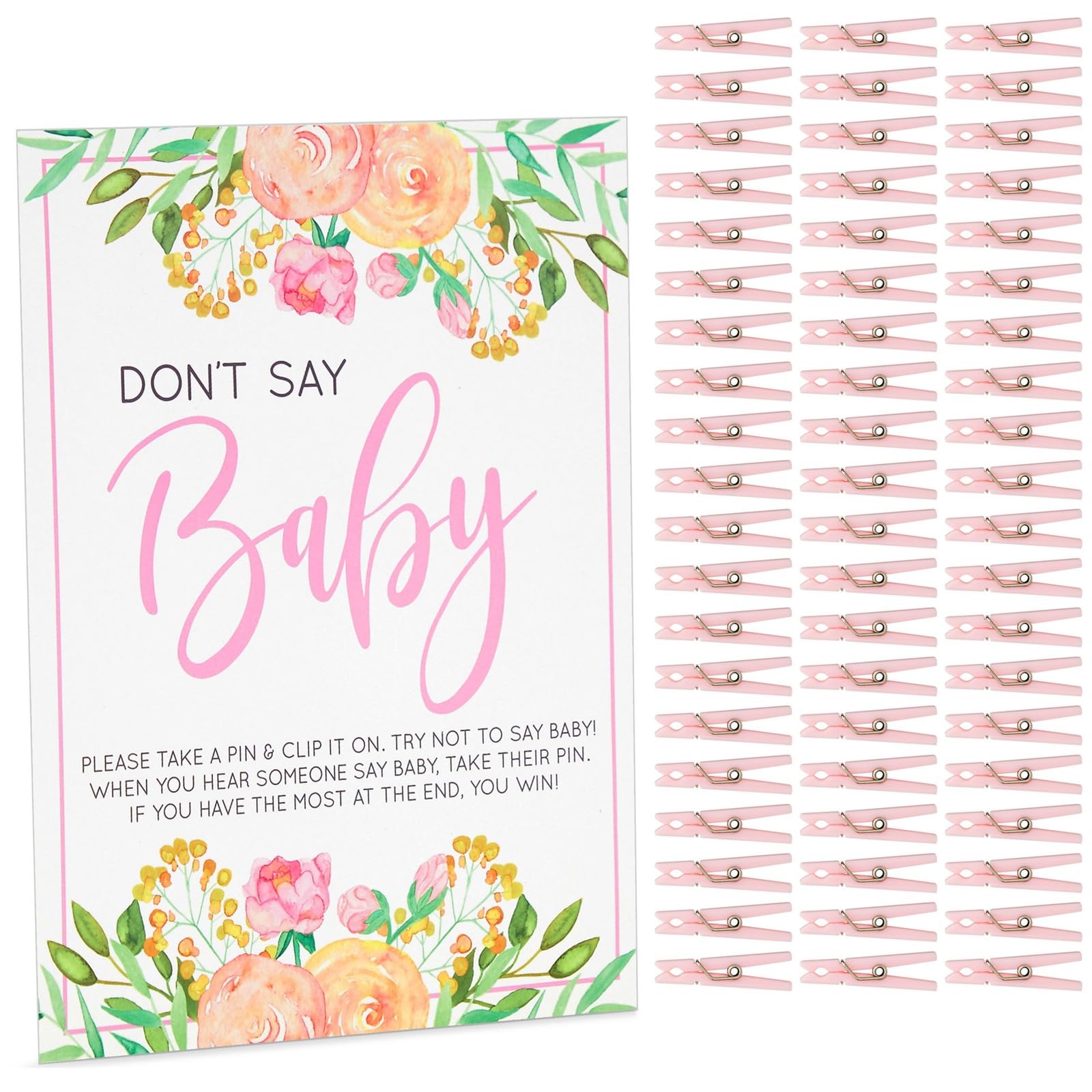 Floral Baby Shower Clothespin Game For Girl, Don'T Say Baby Theme With 60 Pink Clothes Pins And 8X10-Inch Sign