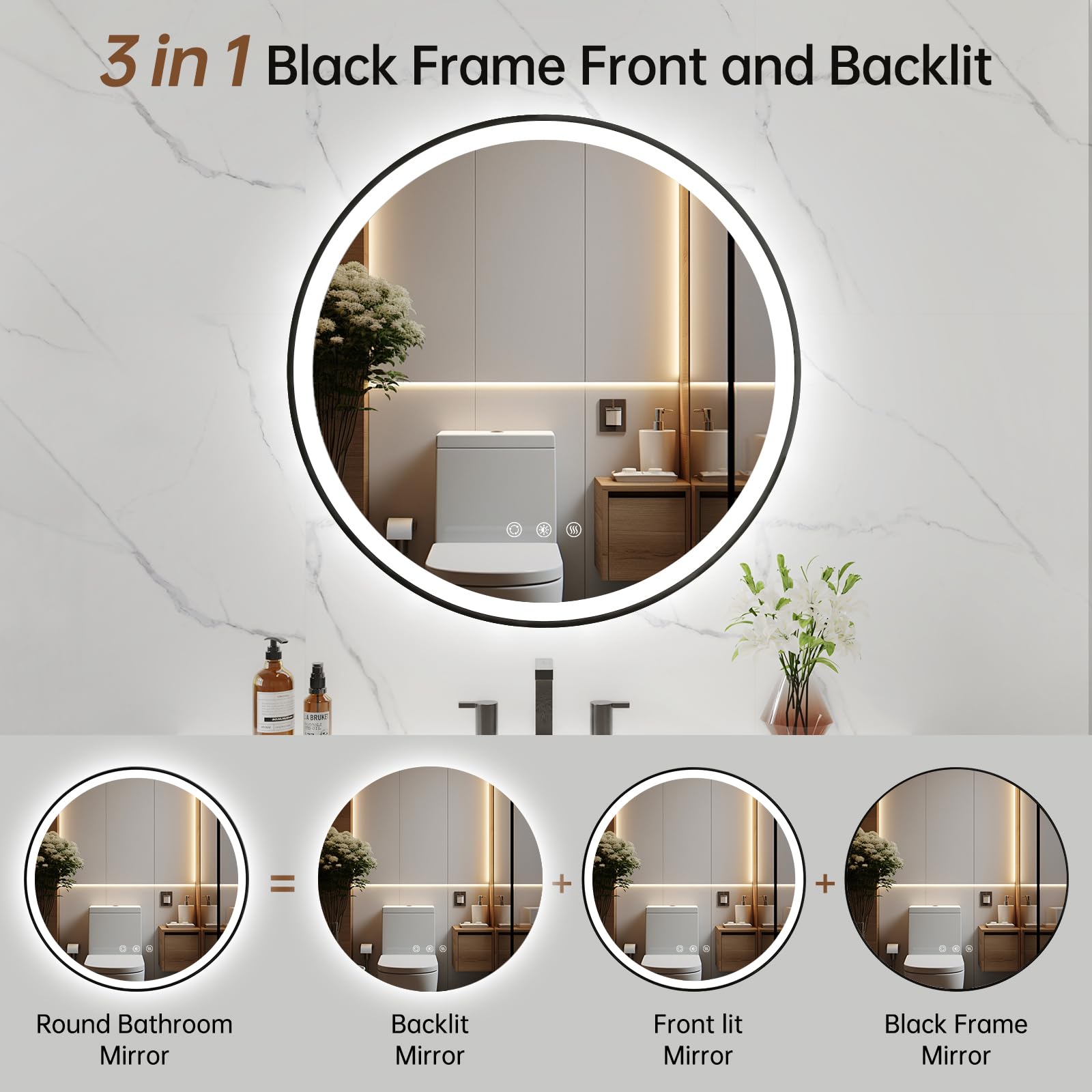 Lovespejo 24'' Round Black Led Mirror For Bathroom With Front And Backlit, Anti-Fog Bathroom Mirror With Lights, Stepless Dimmab