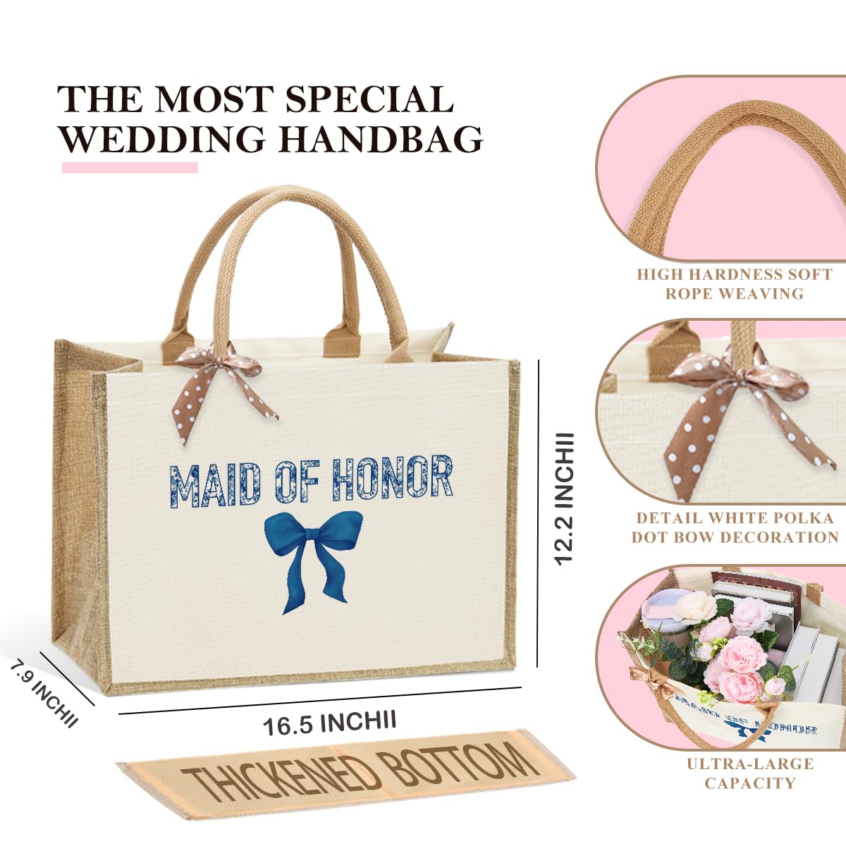 KongMoTree Bride Wedding Tote Bag, Bridal Shower Gifts, Bachelorette Party Bags, Coquette Bow Tote Bag with Floral for Wedding E