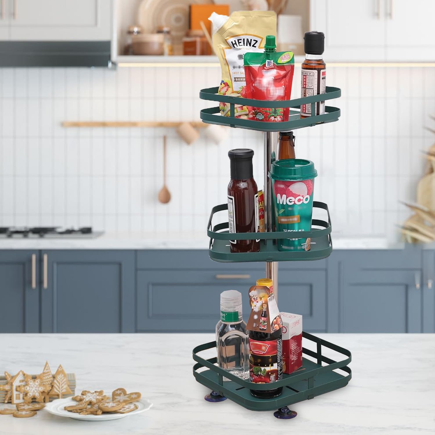 Kuber Industries 3Layer Rotating Spice Rack|Square Shelf For Cabinet Countertop|360Degree Rotable Kitchen Trolley|Fruit Basket