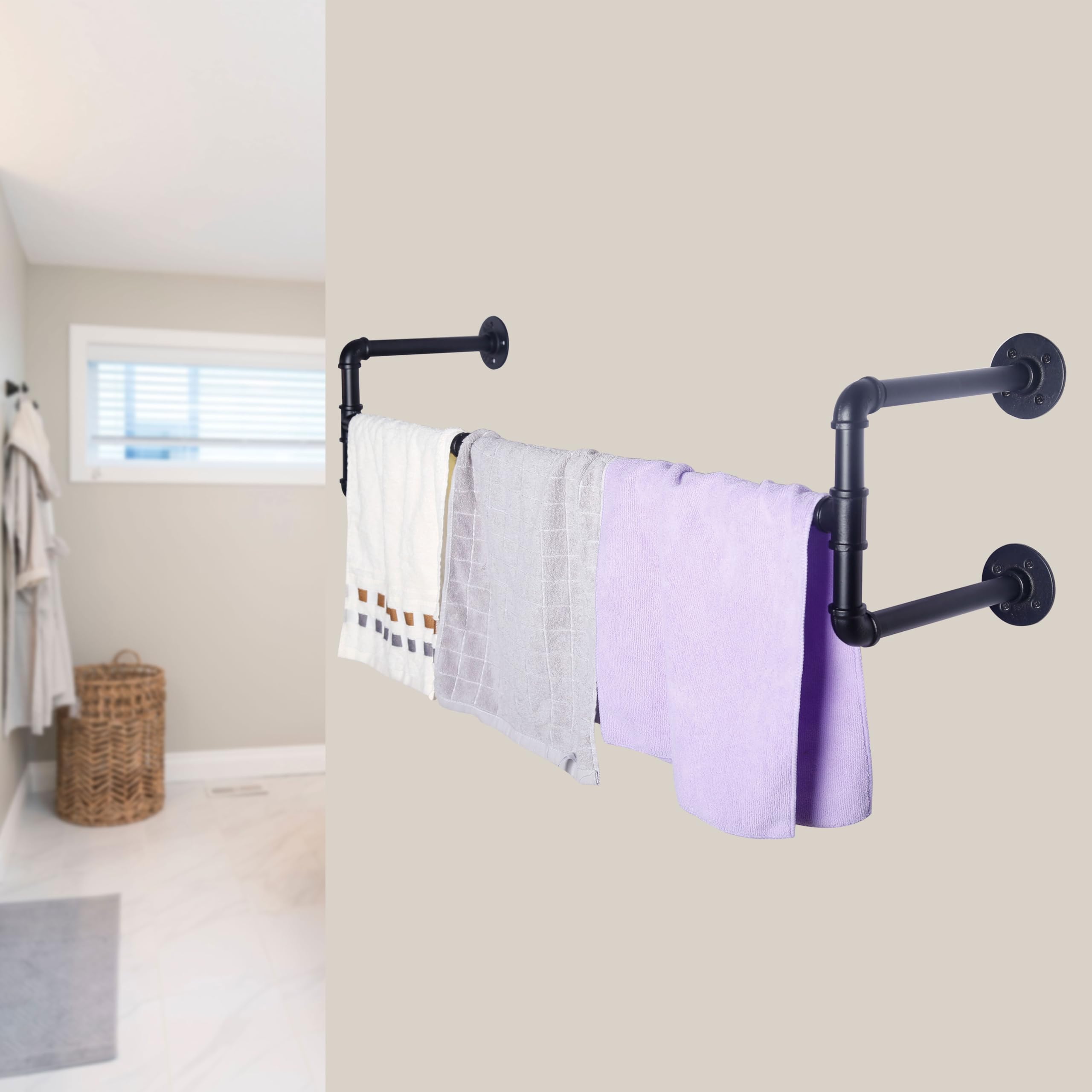 WEBI Clothing Rack Wall Mount 42'' Industrial Pipe Clothes Rack for Hanging Clothes Heavy Duty Iron Garment Rack Bar Retail Display Clothes Rod for Closet Laundry Room 4 Base Black