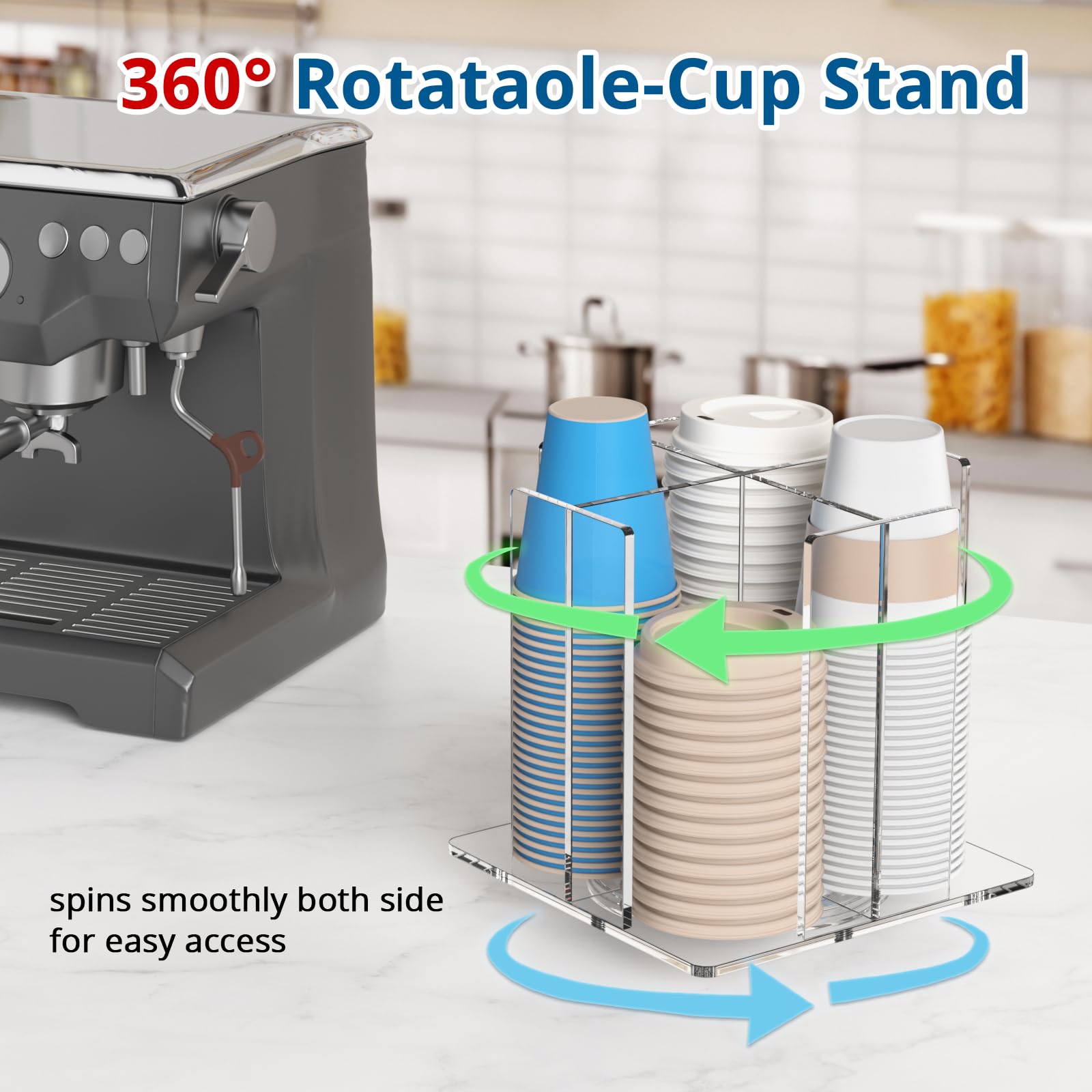 Kotemon Cup And Lid Holder, 4 Compartment, Square | Rotating Coffee Cup Dispenser Lid Carousel For Restaurant, Buffet, Coffee St