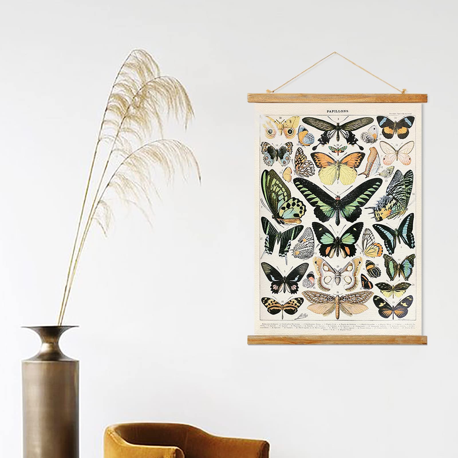 Ovfovy Vintage Butterfly Poster Hanger Frame, Retro Style Of Wall Art Prints, Printed On Linen With Natural Wooden Frames, Illus