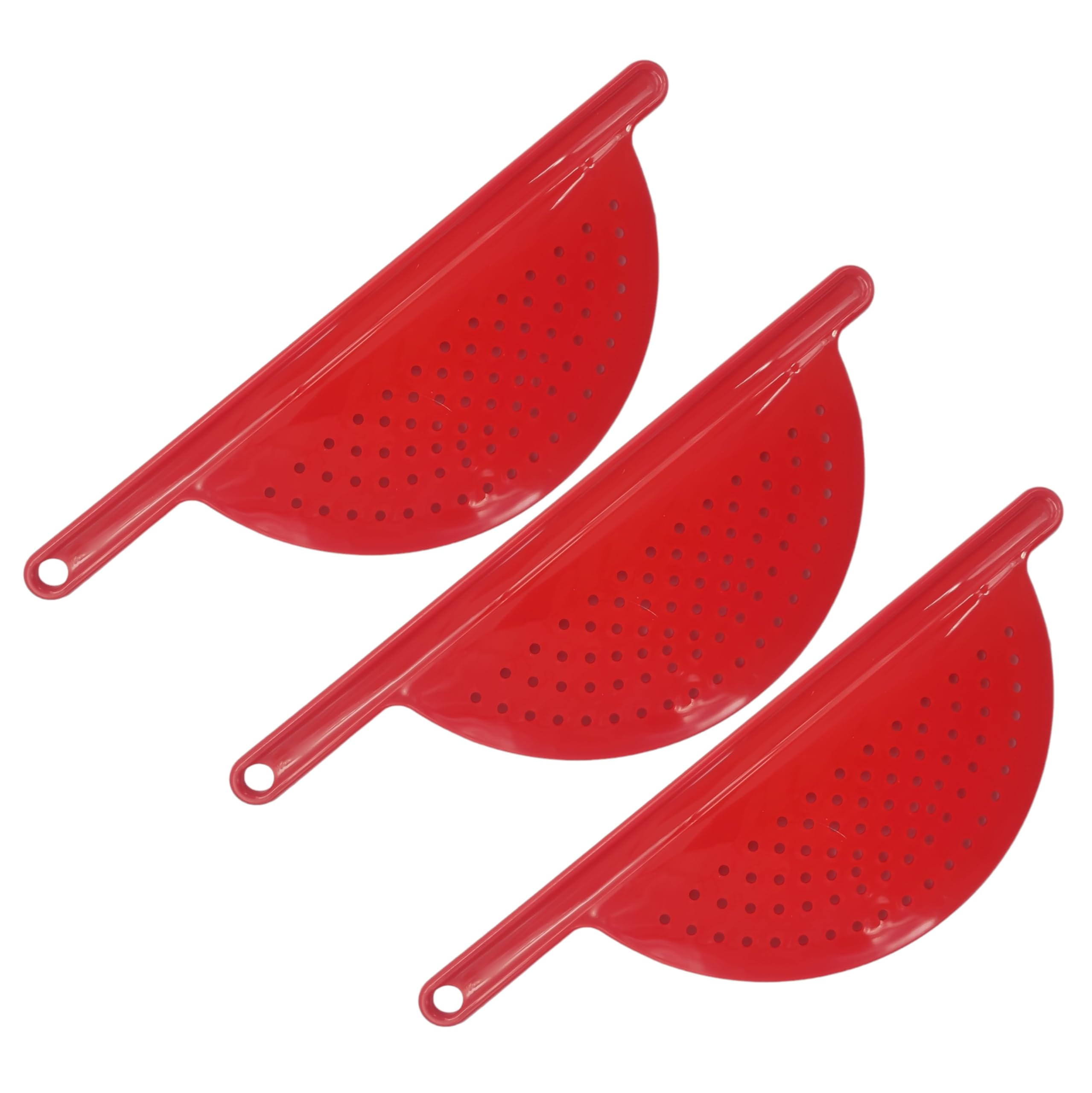 Handy Housewares Handheld Plastic Pot Drainer, Noodle & Pasta Strainer with Handle - Fits up to 9 Pots - Red (3 Pack)