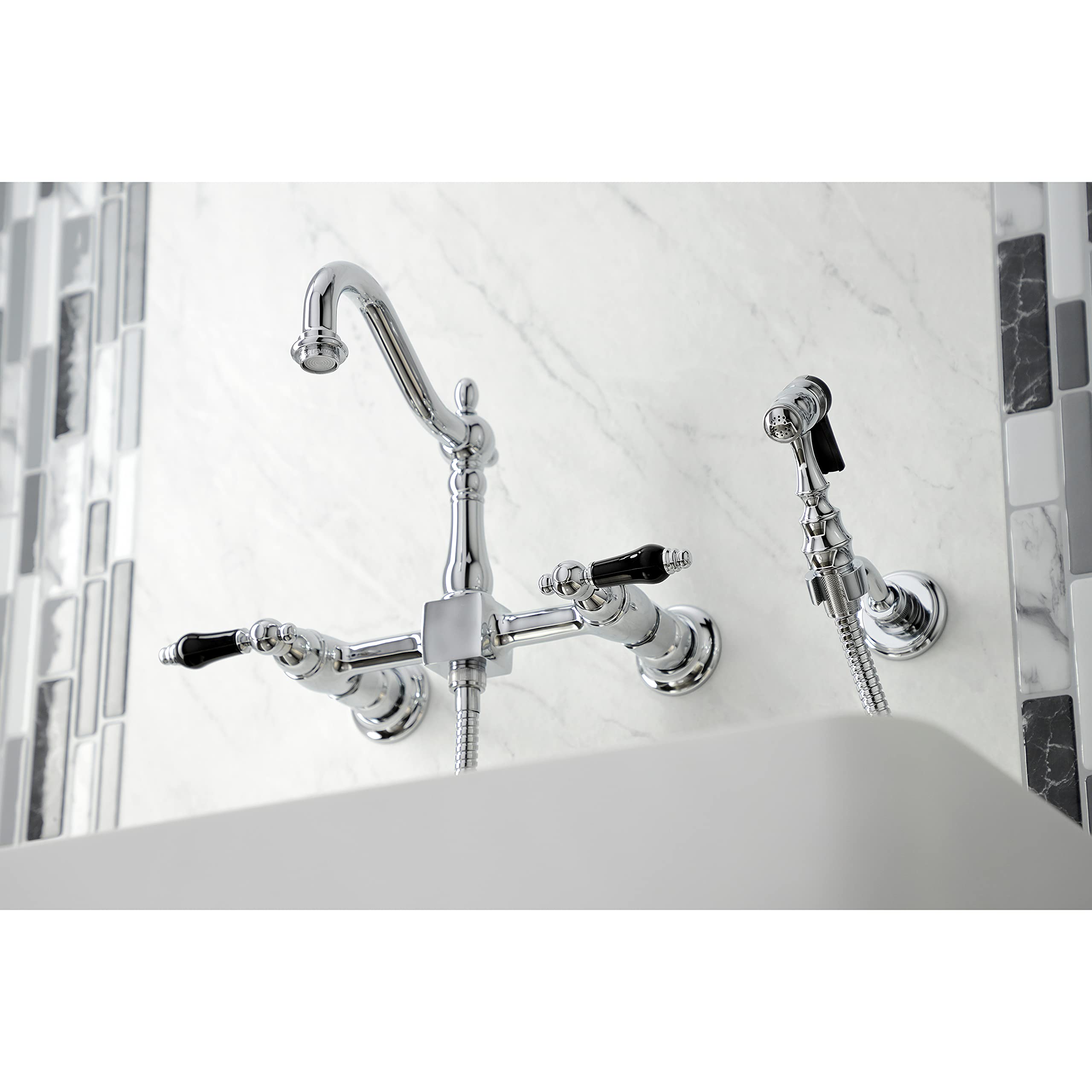 Kingston Brass KS1261PKLBS Duchess Wall Mount Bridge Kitchen Faucet with Brass Sprayer  Polished Chrome