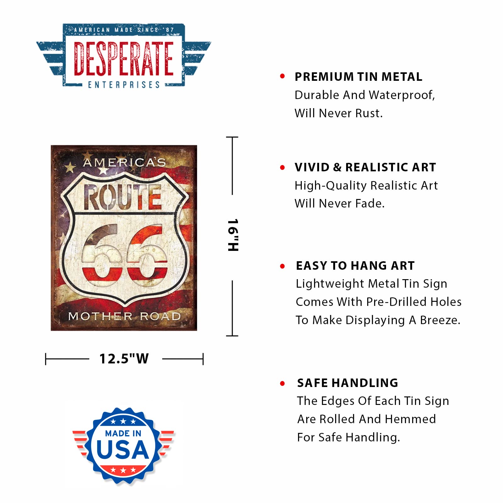 Desperate Enterprises Route 66 - America'S Mother Road Tin Sign - Nostalgic Vintage Metal Wall D  Cor - Made In Usa