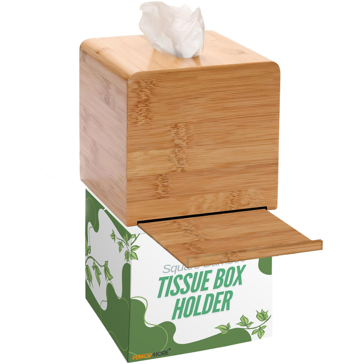 Performore Square Bamboo Tissue Box Cover - Stylish Water-Resistant Wooden Facial Tissue Holder For Bathroom, Office Desk & Nigh