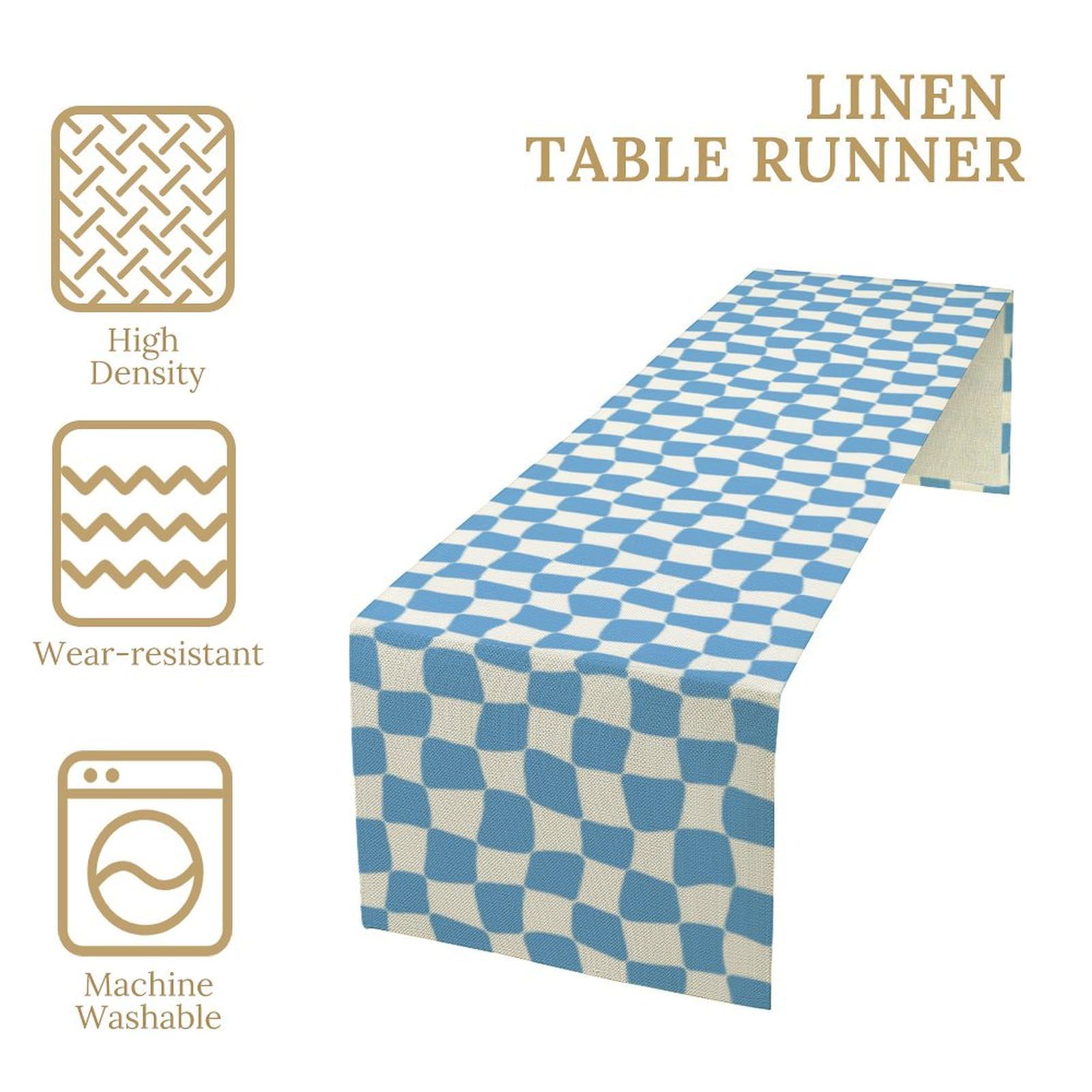 70s Hippie Table Runner Groovy Blue Twisted Checkered Funky Modern Geometric Boho Dinner Runner for Living Room Kitchen Party Ho