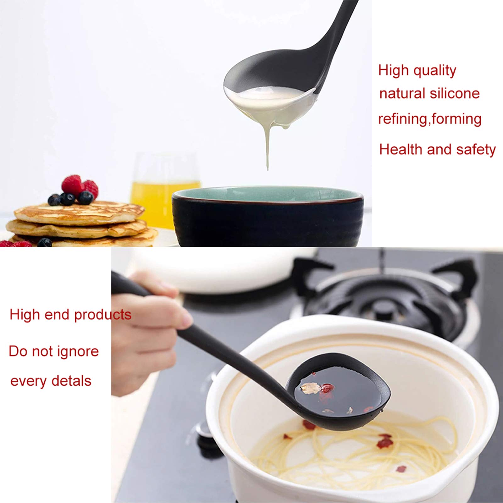 Silicone Ladle Soup Spoon Set Of 2, Nonstick Heat Resistant Long Handle Unbreakable Big Round Scoop For Home Kitchen Cooking,Red