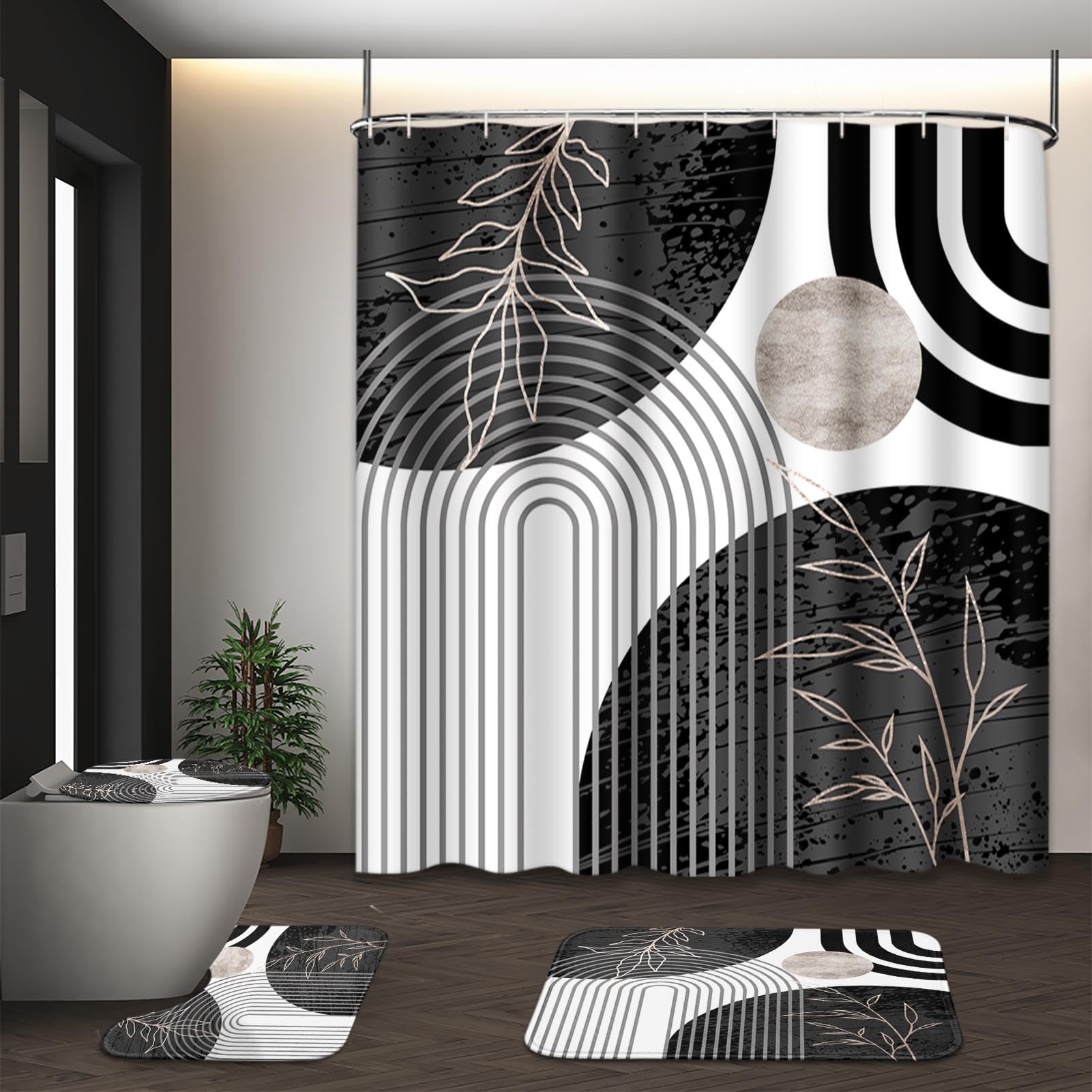 Tayney Black And Grey Boho Mid Century Shower Curtain Set With Toilet Lid Cover And Non-Slip Rugs, Abstract Geometric 4 Pcs Mode