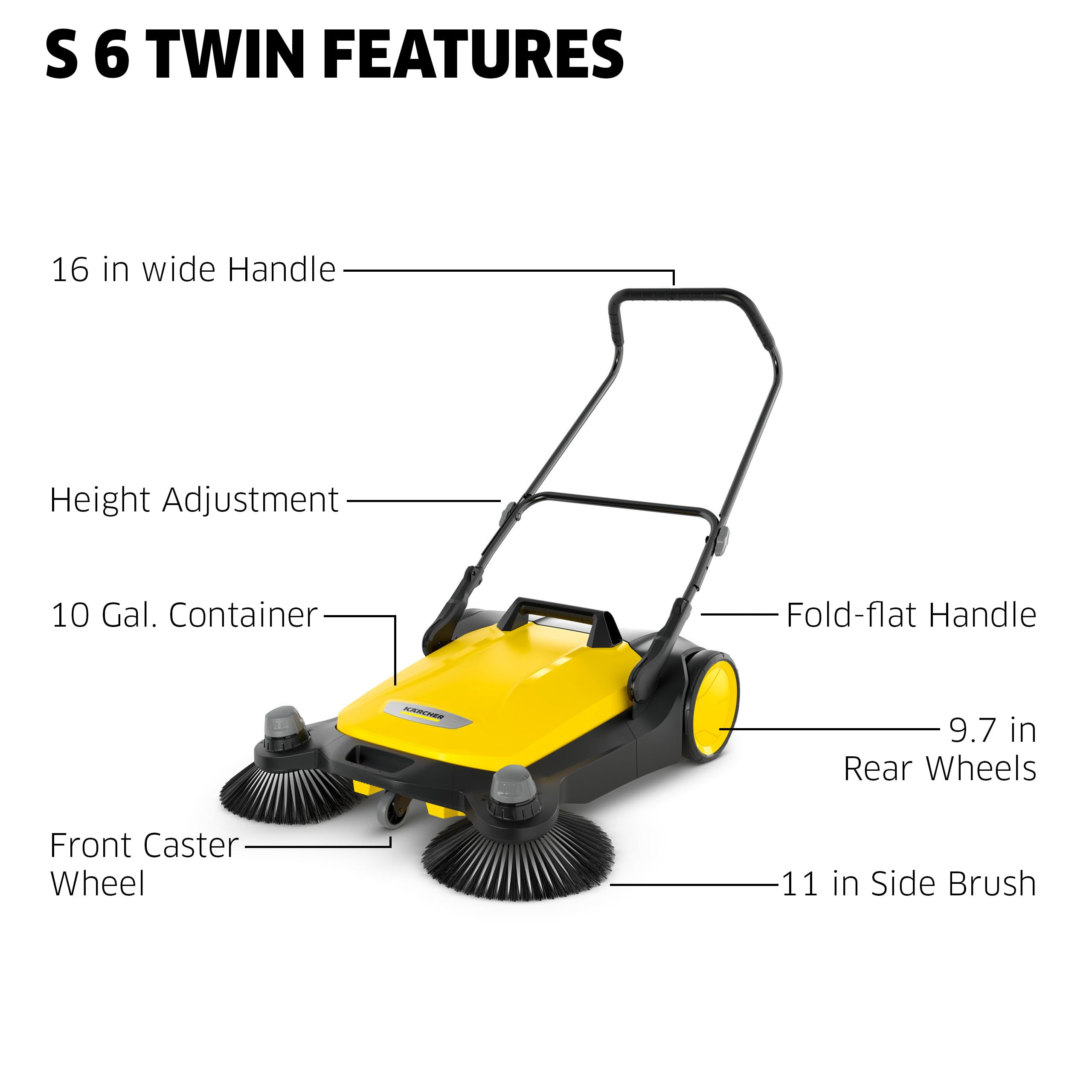 Krcher - S 6 Twin Walk-Behind Outdoor Hand Push Floor Sweeper - 10 Gallon Capacity - 33.9'' Sweeping Width - Sweeps up to 32,300