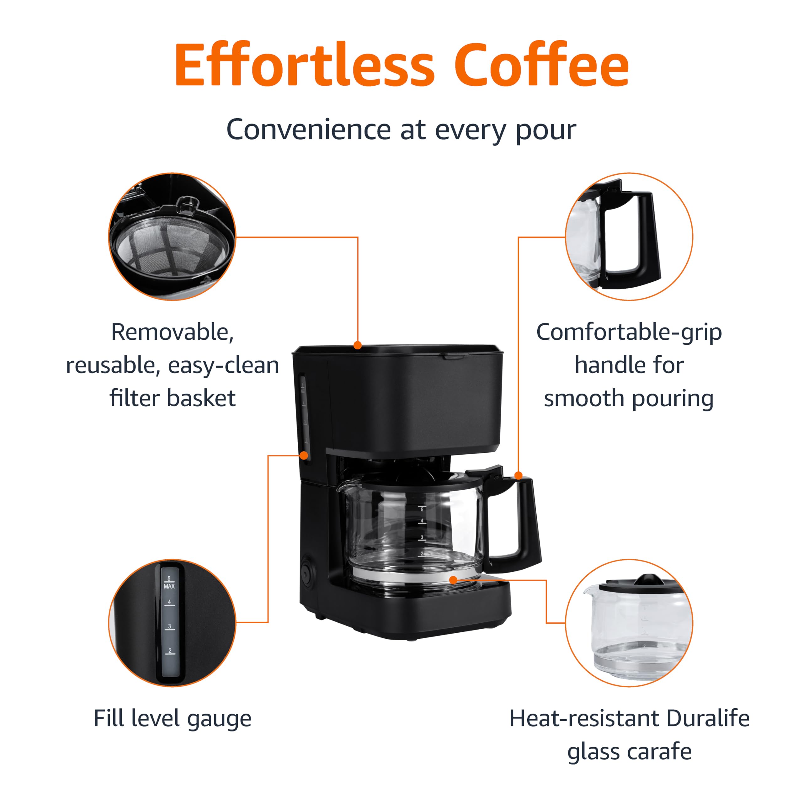 Amazon Basics 5 Cup Drip Coffee Maker, Coffee Machine with Glass Coffee Pot (0.8 Qt), Auto Shut-off, Auto Pause, Removable Filte