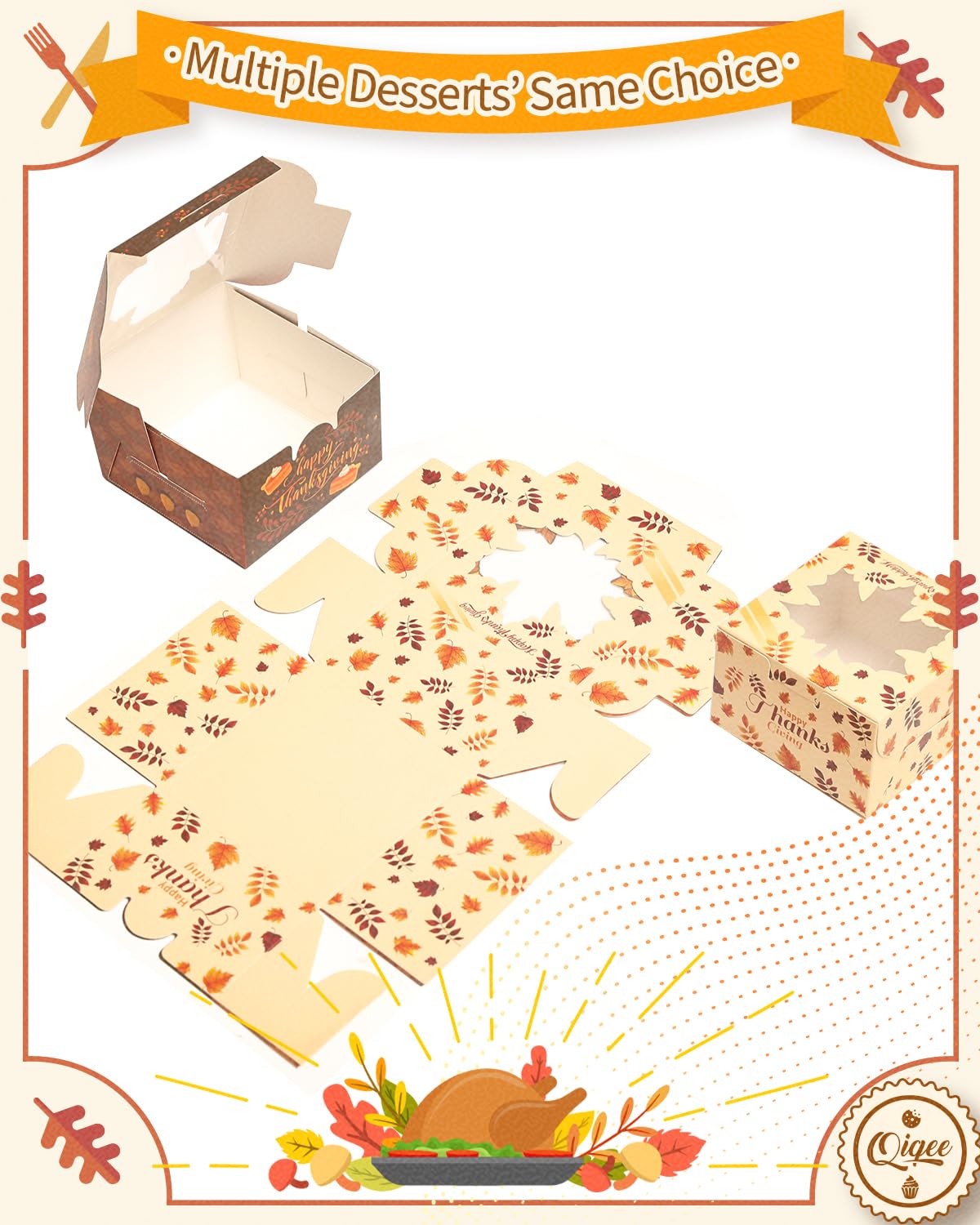 qiqee Thanksgiving Bakery Boxes with Window 100pcs 4x4x2.5 Mini Cookie Boxes Macaron Boxes Small Donut Pastry Boxes for Thanksgi