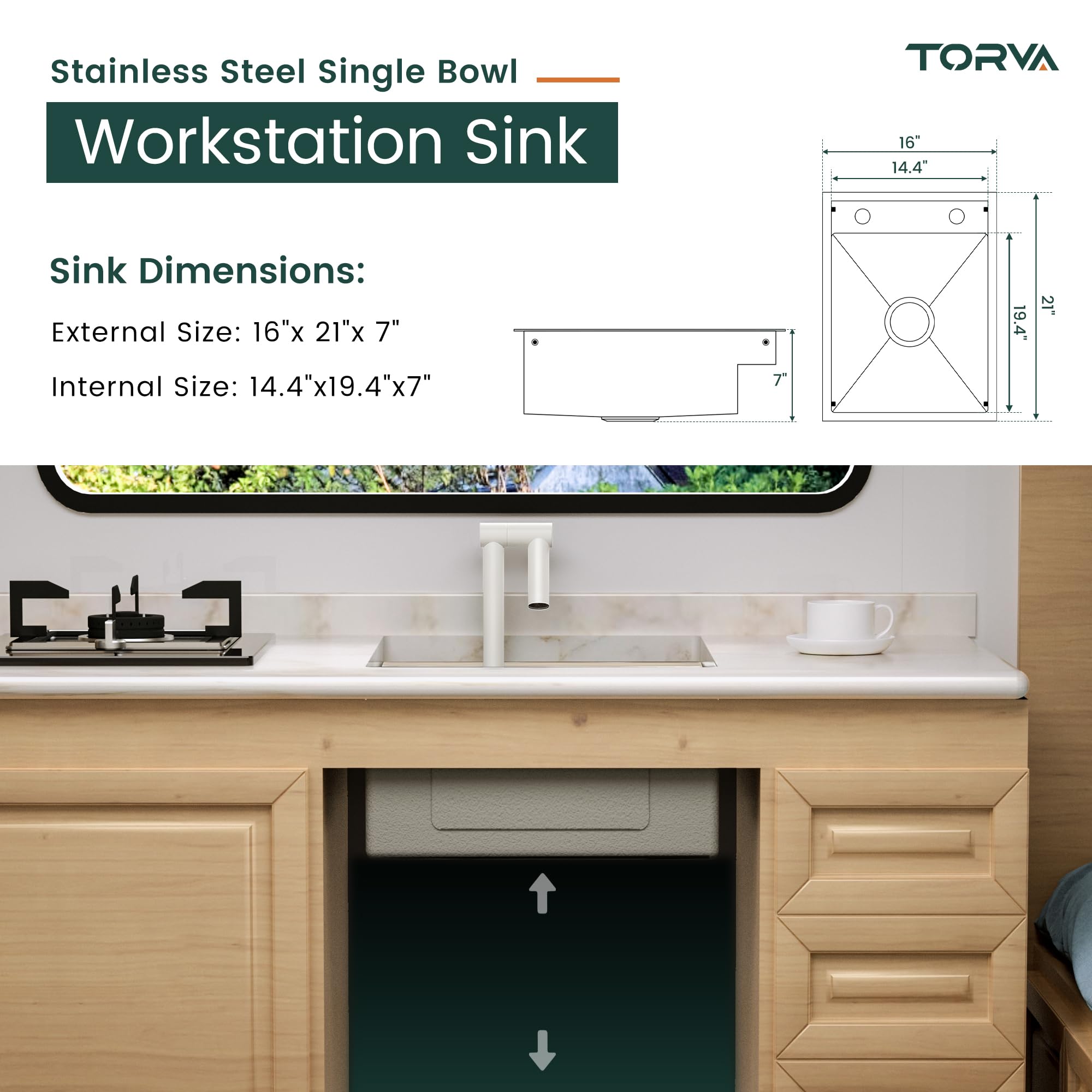 Torva Rv Kitchen Sink, 16 X 21 X 7 Inch Undermount Bar Sink 16 Gauge Stainless Steel Single Bowl Sink With Foldable Faucet Cutti