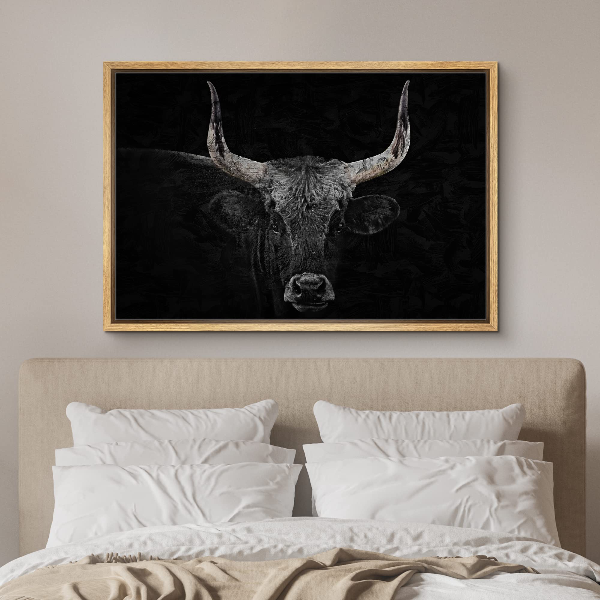 Signford Framed Canvas Print Wall Art Bull Portrait Cow Head Realism Farmhouse Country Southwest Texas Nature Wilderness Animals