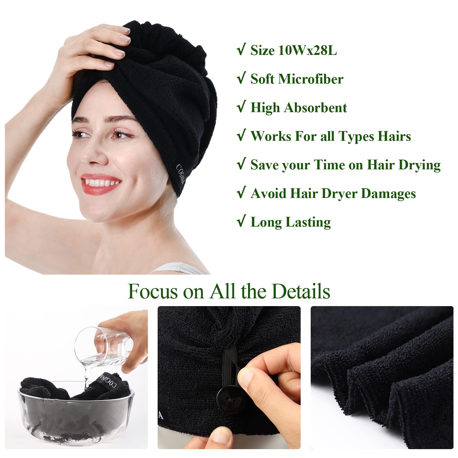COGANA 2Pack Microfiber Hair Towels, Hair Towel Wrap for Women, Hair Drying Towel with Button, Hair Wrap Towel for Curly Hair, H