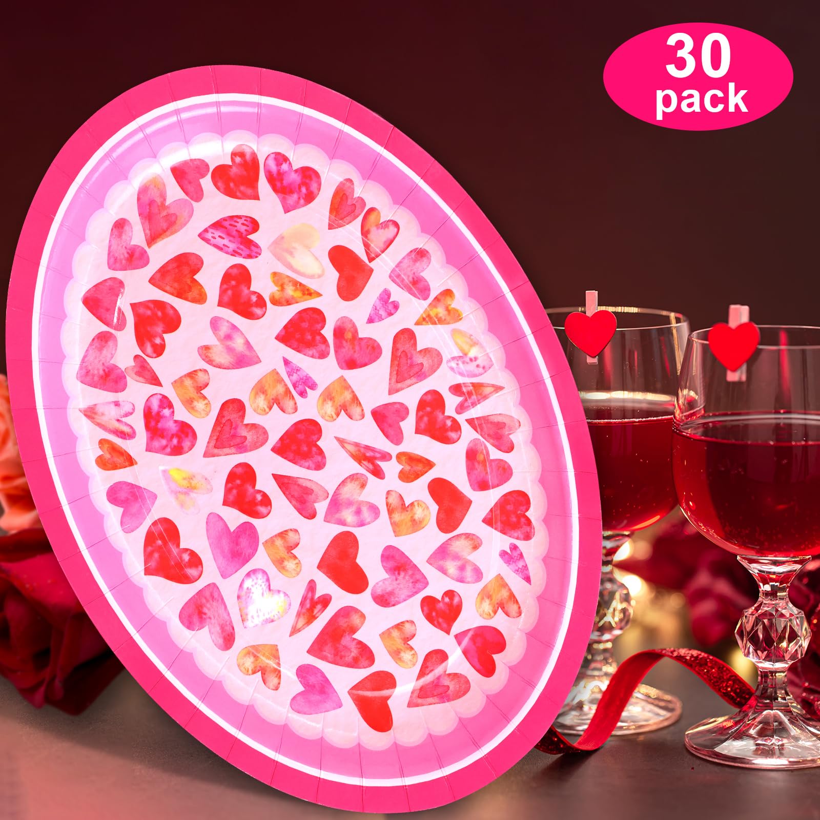 Ceiba Tree 30 Pack Valentines Day Oval Plates Heart Paper Plates Disposable Happy Valentine'S Day Party Supplies