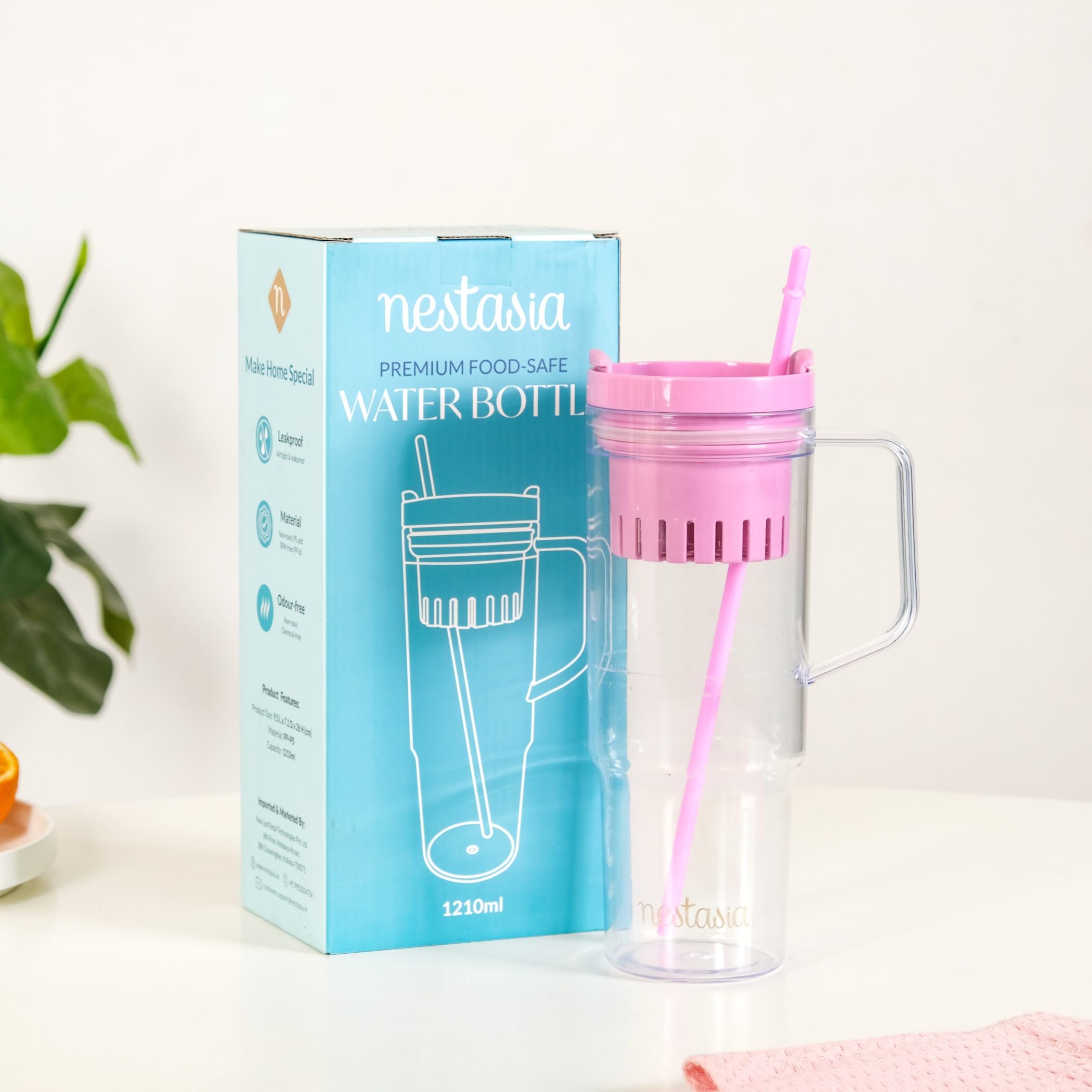 Nestasia Polypropylene Fruit Infuser Water Bottle With Straw And Leakproof Lid (1210Ml) | Bpa-Free, Portable, Ergonomic Design, 