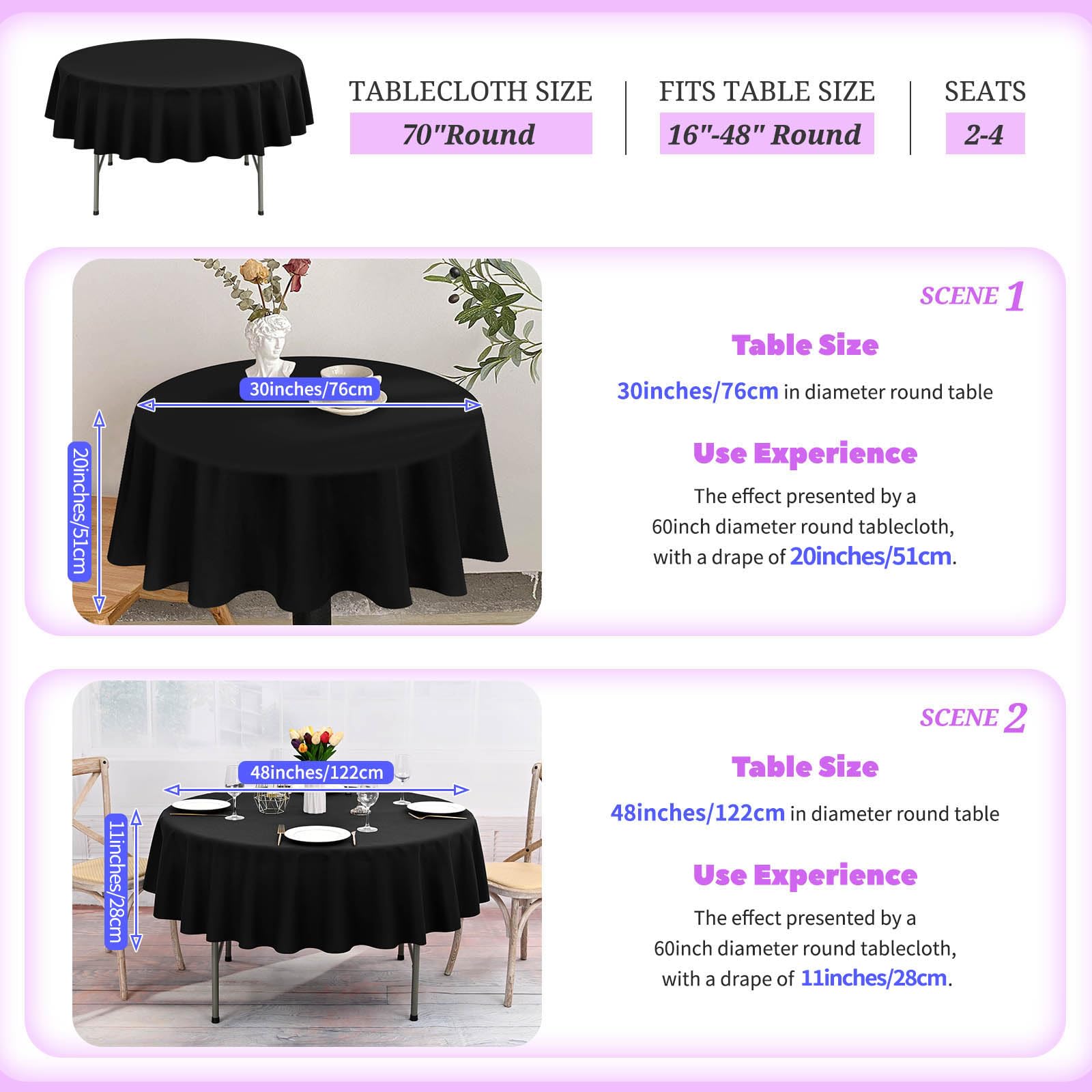 6 Pack Round Tablecloth 70 Inch Polyester Round Table Cloth White Wrinkle Resistant Washable Polyester Tablecloth Round Decorati