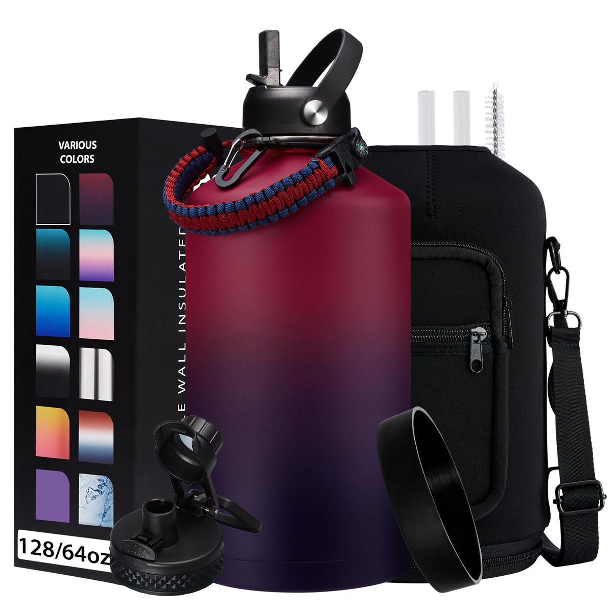 1 Gallon Insulated Water Jug - With Paracord Handle, Straw & Chug Lid, Water Bottles Holder With Strap, 128Oz Stainless Steel La