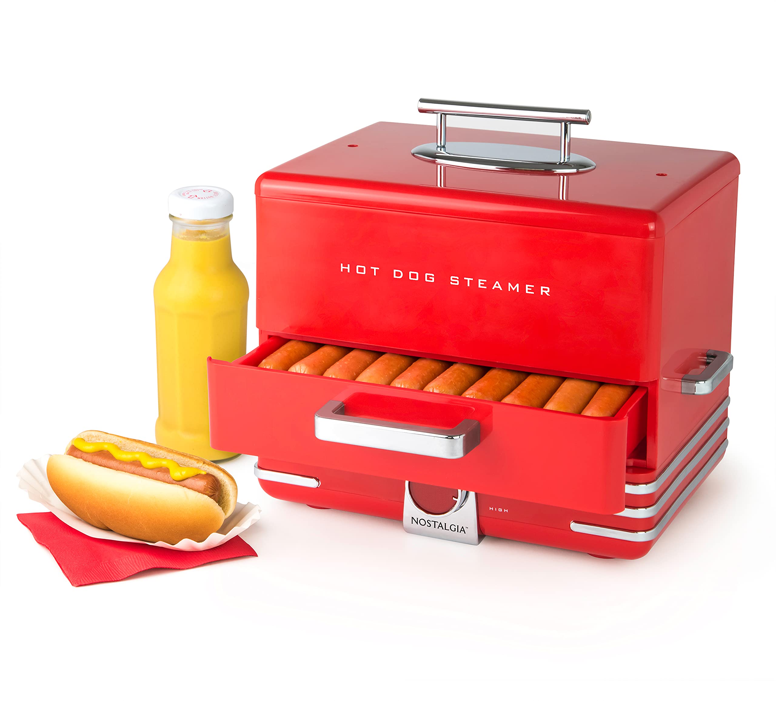 Nostalgia Extra Large Diner-Style Steamer 20 Hot Dogs And 6 Bun Capacity, Perfect For Breakfast Sausages, Brats, Vegetables, Fis