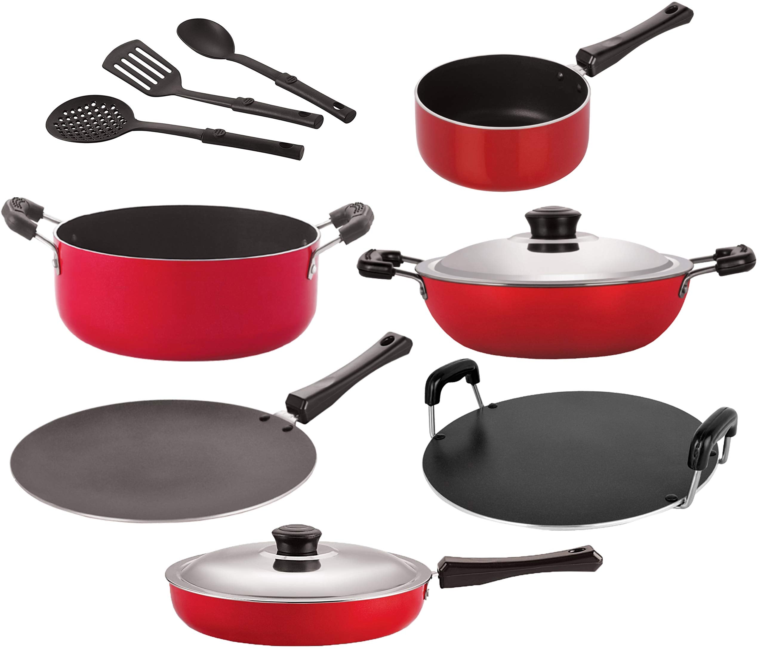 Nirlon Non Stick Aluminium Cookware Set Of 9 Pieces { 2.6Mm_Ct_Dkdm_Spm_Rt_Cass20_Fp12_3Spn, Red}