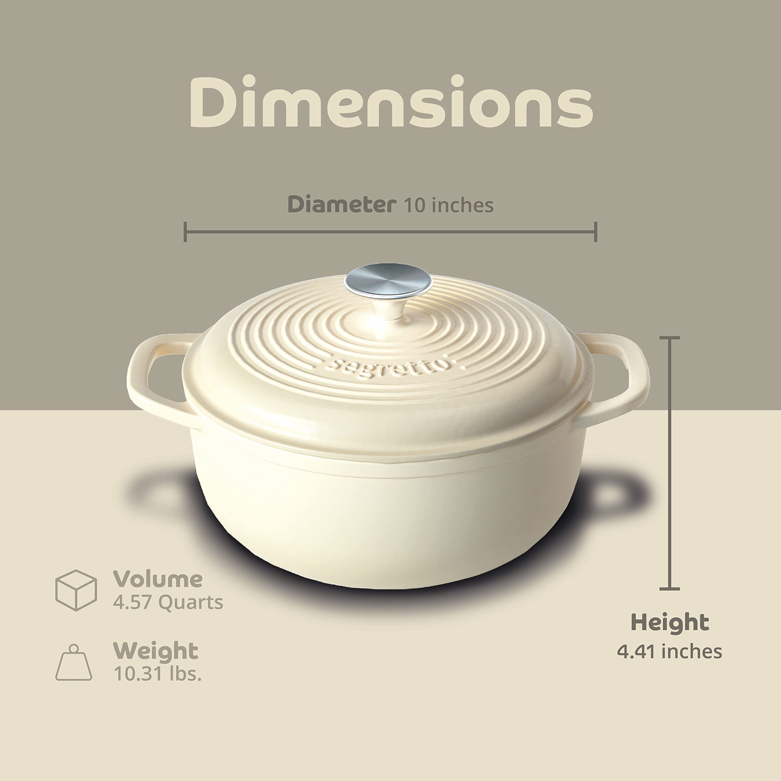 Segretto Cookware Enameled Cast Iron Dutch Oven Pot With Lid 4.57 Quarts, Bianco Perla (Off-White) White Enamel Dutch Oven Cast