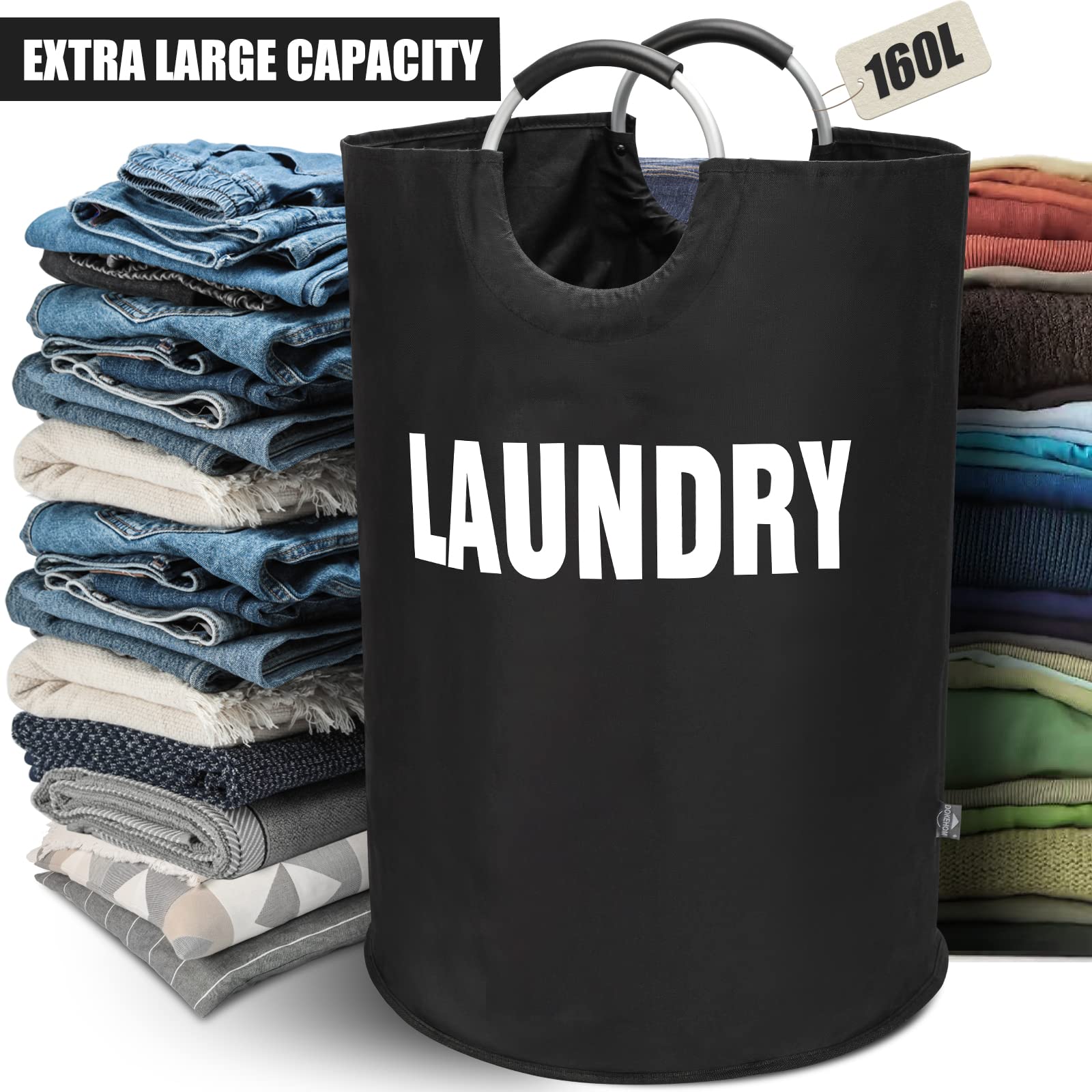 DOKEHOM 160L XX-Large Laundry Basket (7 colors)  collapsible Laundry Bag  Foldable Laundry Hamper  Folding Washing Bin (Black  XXL)