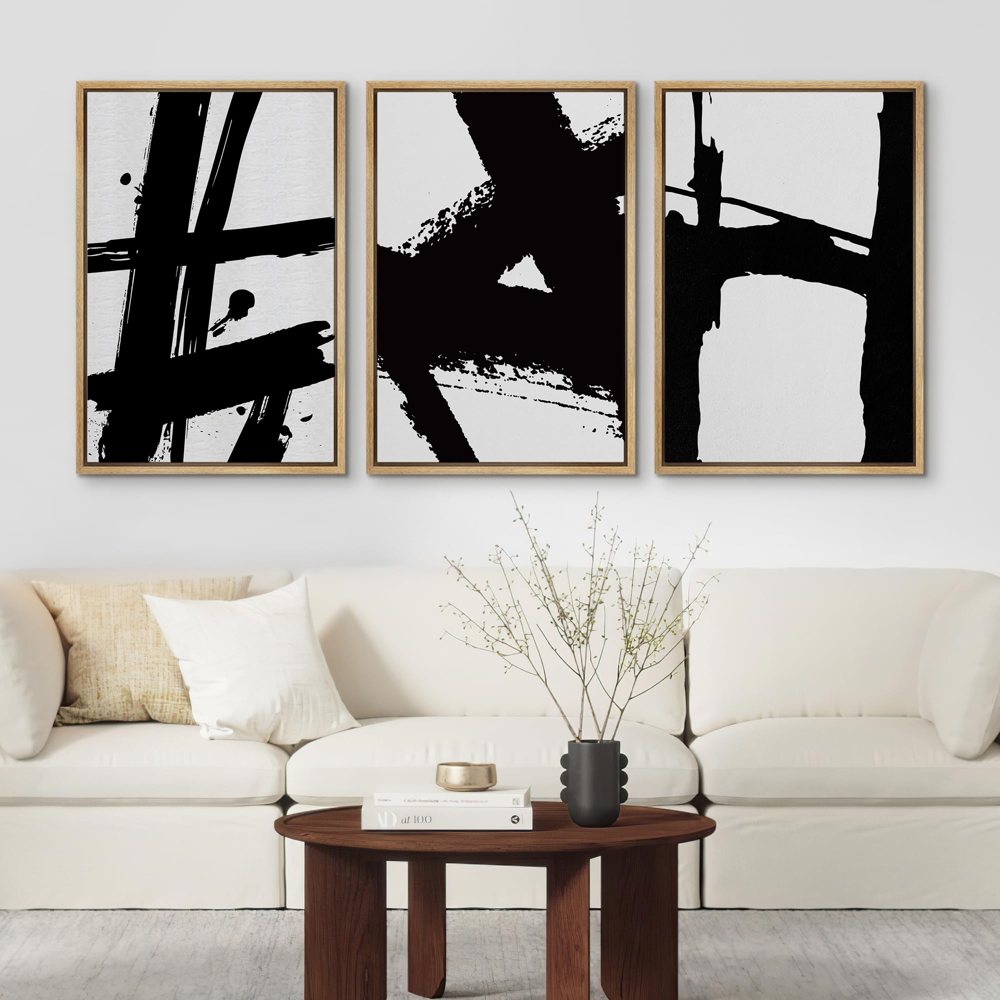 Signford Framed Canvas Print Wall Art Set Abstract Black And White Brushstrokes Illustrations Modern Art Relax/Calm For Living R