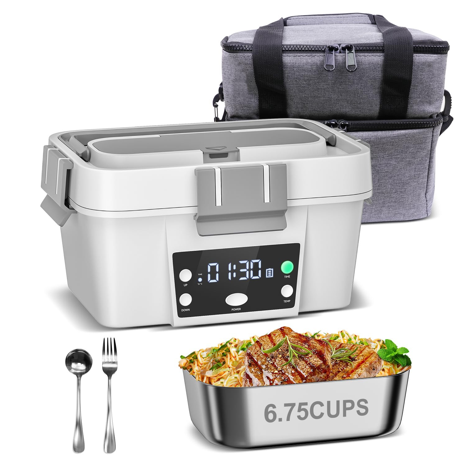 Cordless Electric Lunch Box 13000Mah - Smart Automatic Heating, 6.75 Cups Portable Food Warmer (212F Max), Rechargeable Battery-