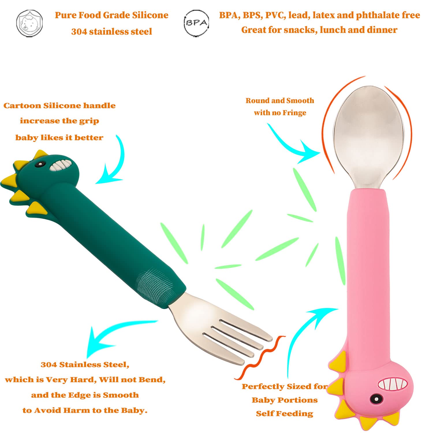 NICINGU Toddler Utensils,Baby Spoons Fork Sets,Kids Silverware with Silicone Handle,Dinosaur Toddler Spoons Forks-Pink
