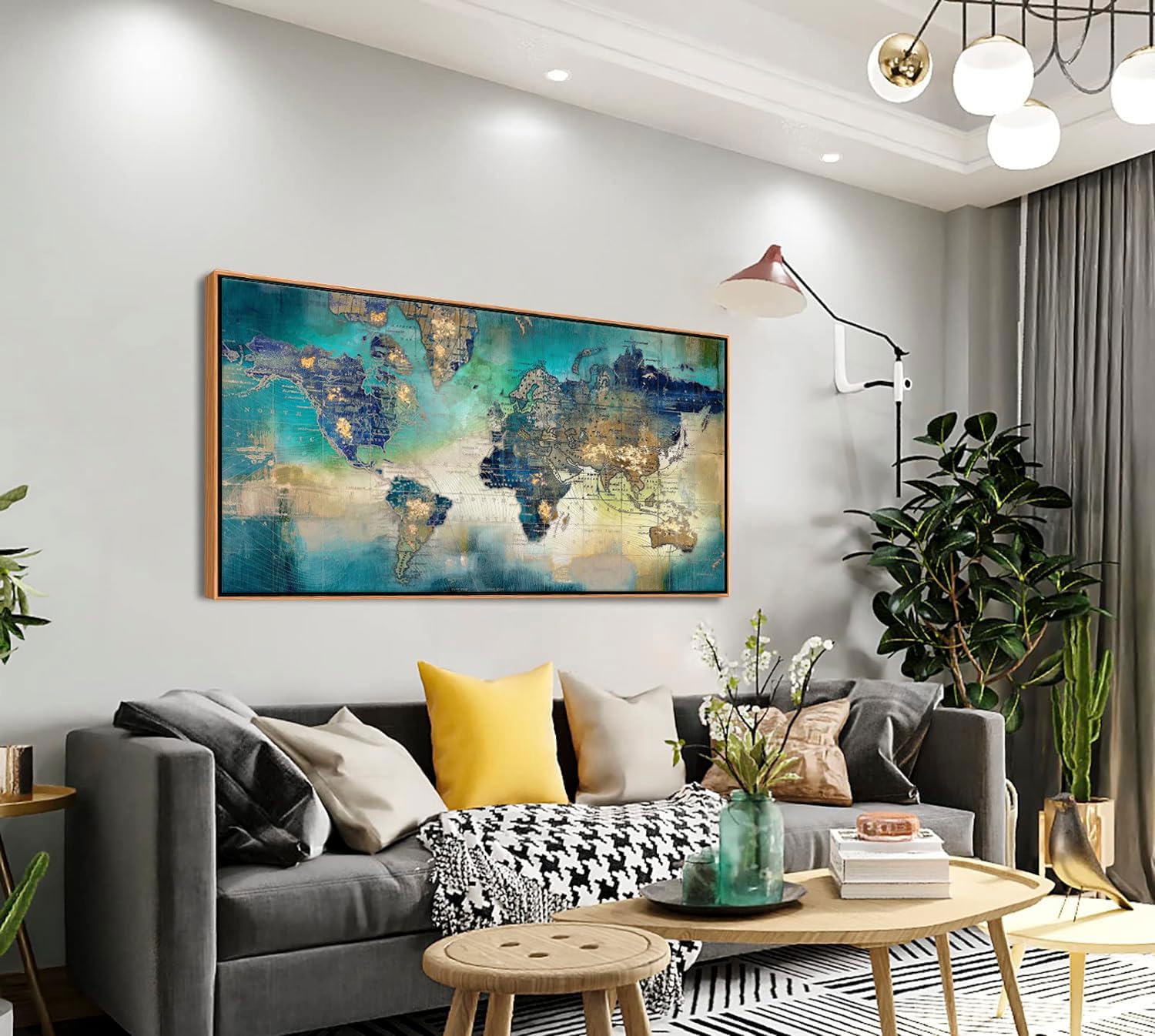 Large World Map Canvas Prints Framed Wall Art For Living Room Office 24X48 Green World Map Picture Artwork Decor For Home Decora