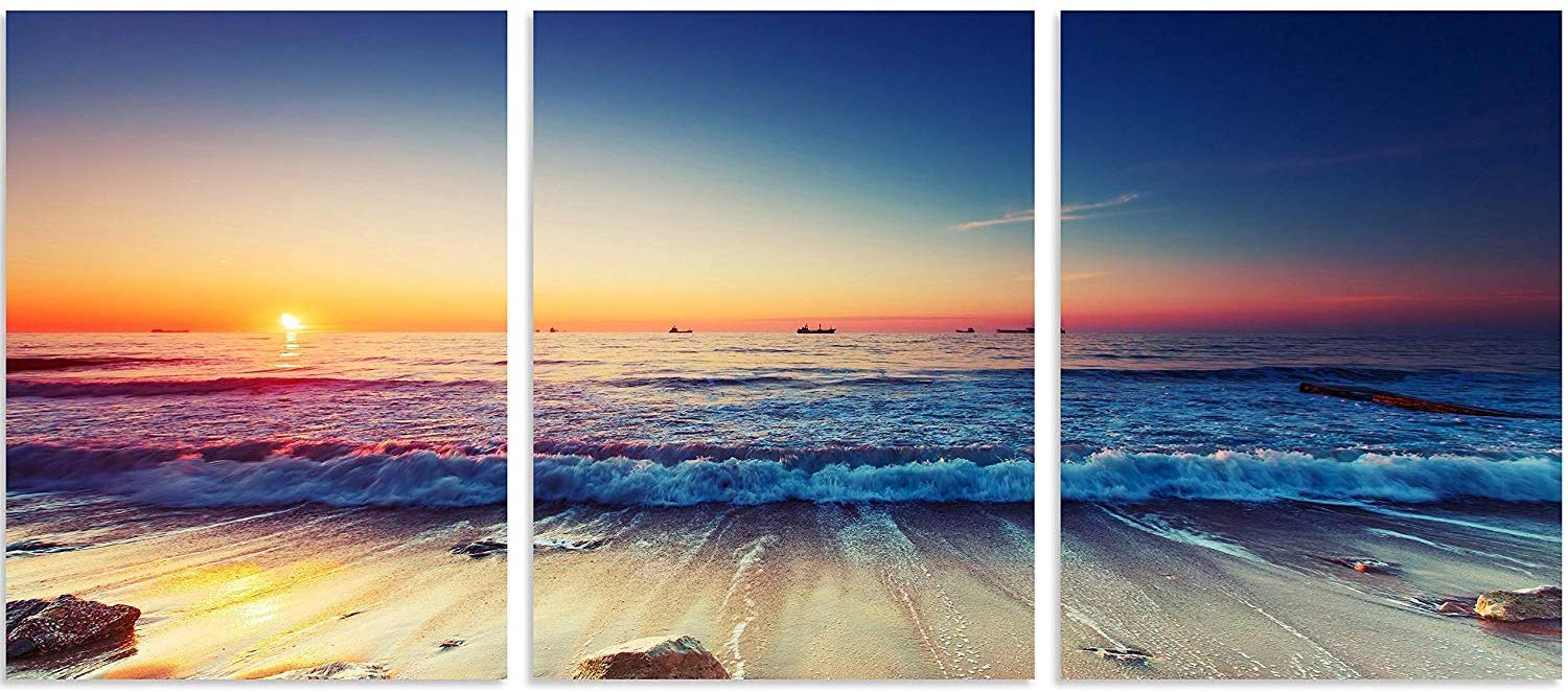 Tutubeer 3 Panels Beach Home Beach Decor Beach Wall Art Beach Decor For Home White Ocean Beach Sunrise With Deep Blue Sky Beach