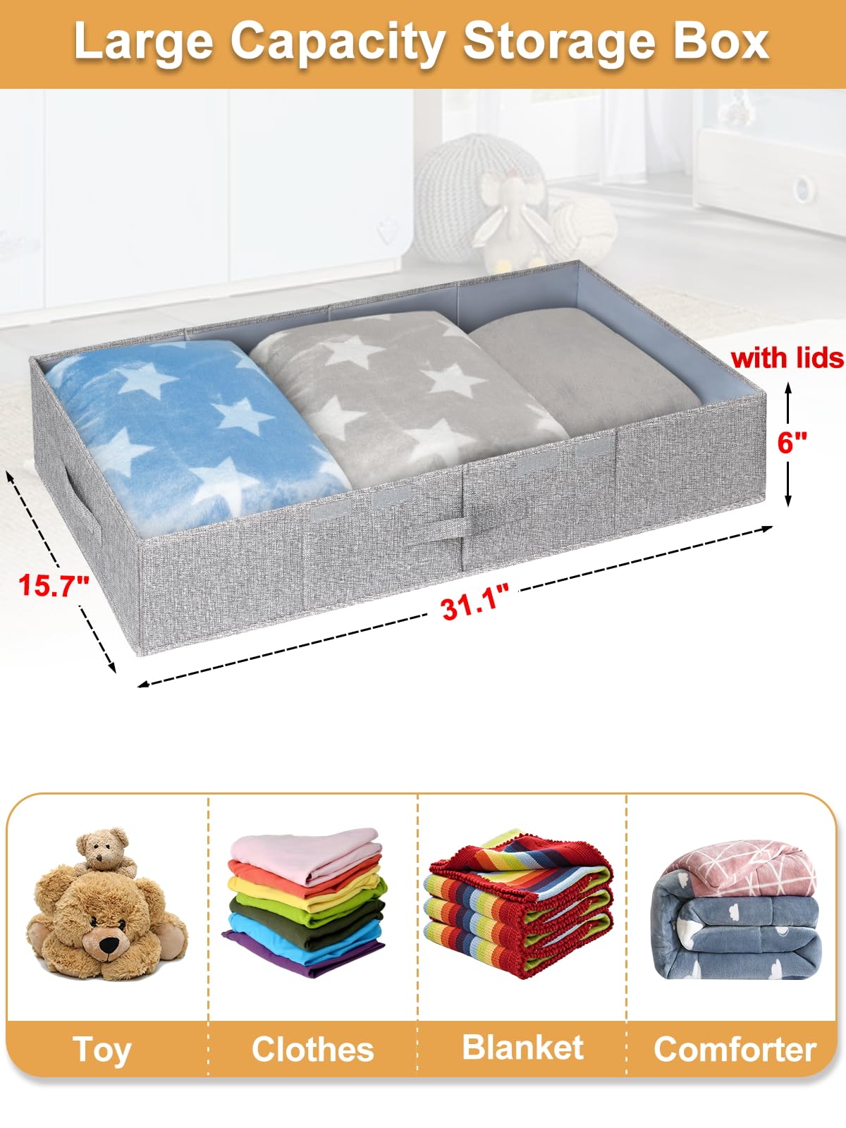 punemi Under Bed Storage With Lids, 2 Pack Large Underbed Storage Containers Clothes W/ 3 Handles, Foldable Low Profile Stackabl