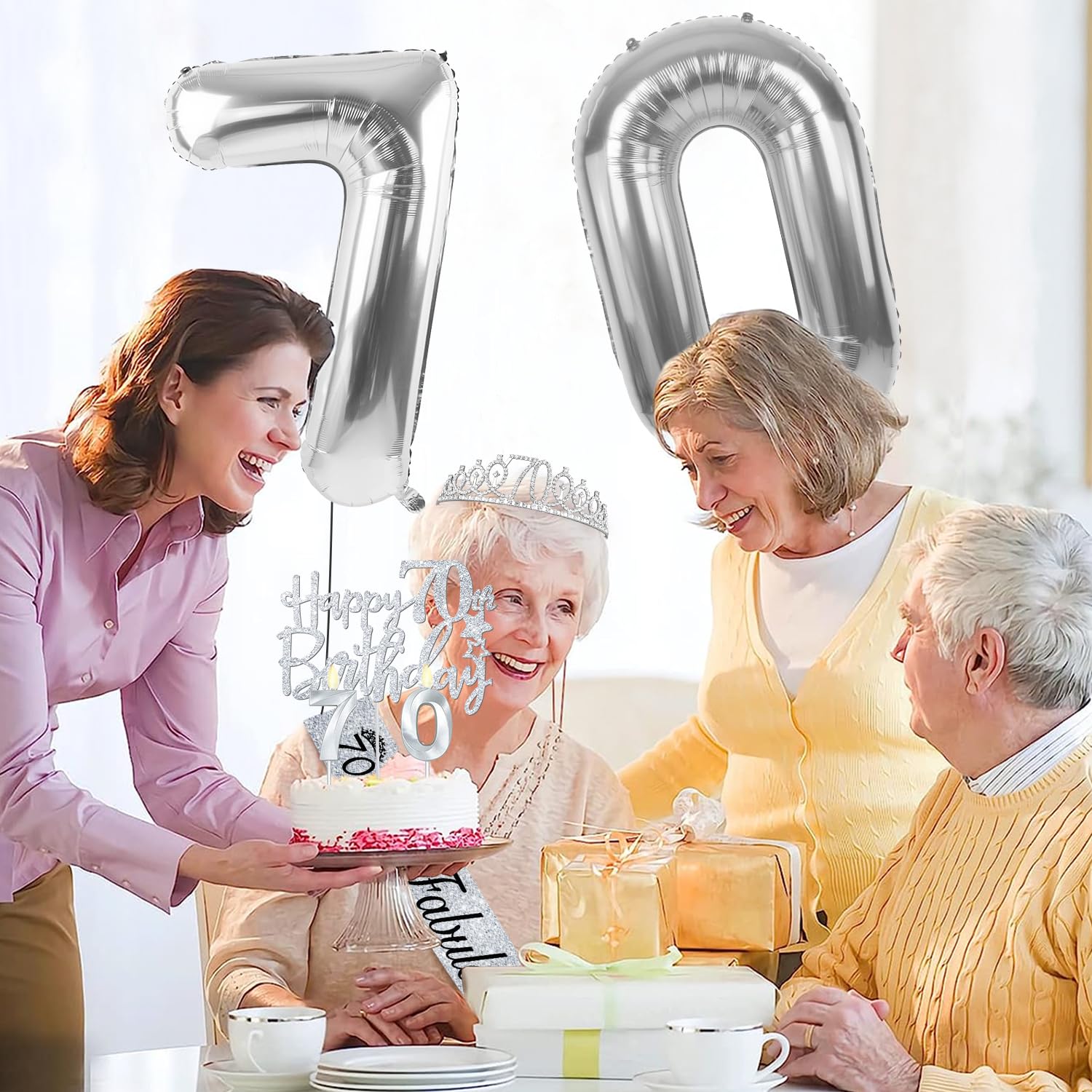 70th Birthday Decorations for Women Silver with 70th Birthday Sash and Crown, Cake Topper and Candles, Silver Number Balloons, 7