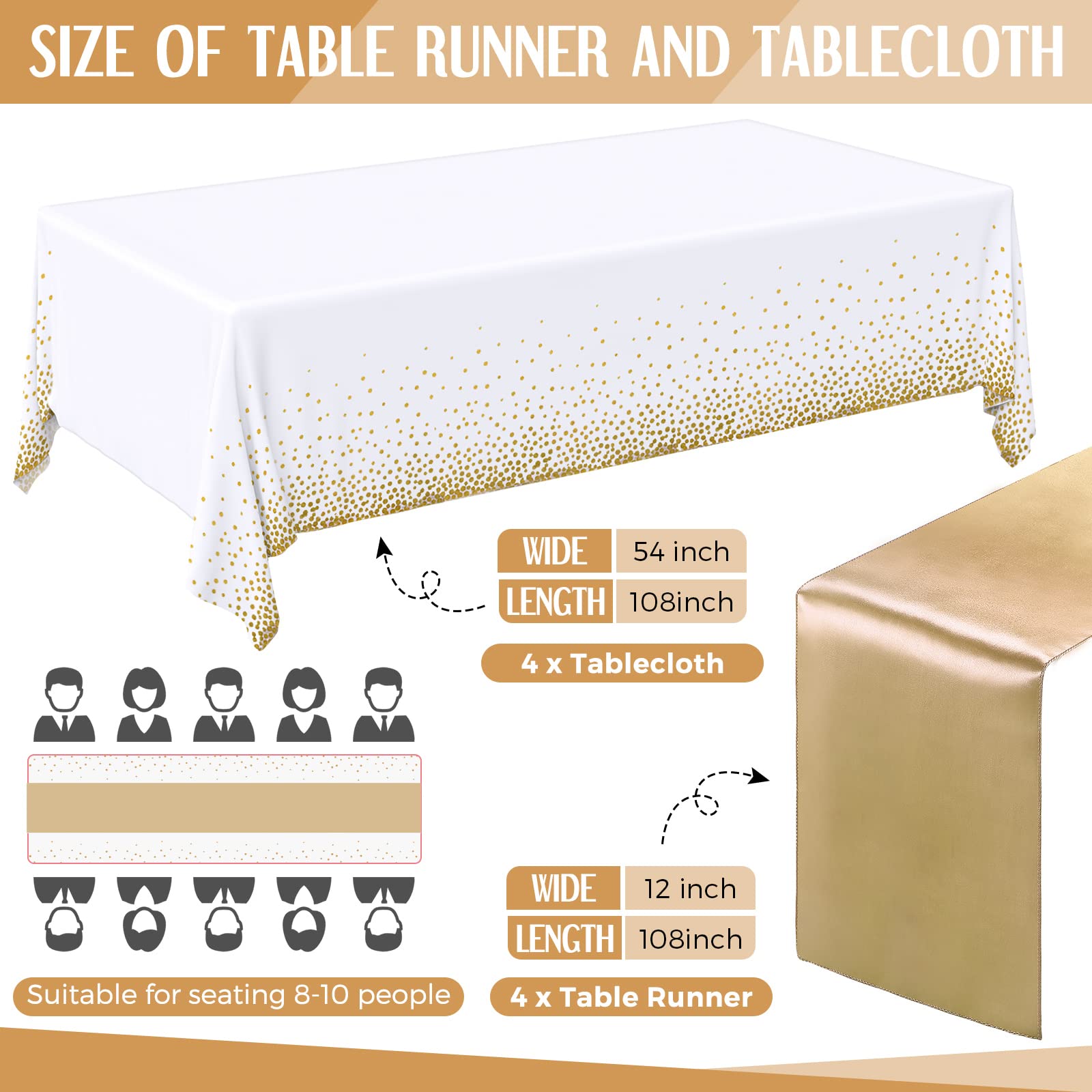 Breling 8 Pack First Communion White And Gold Disposable Plastic Tablecloths And Satin Table Runner Set, 54 X 108 Inch Tableclot