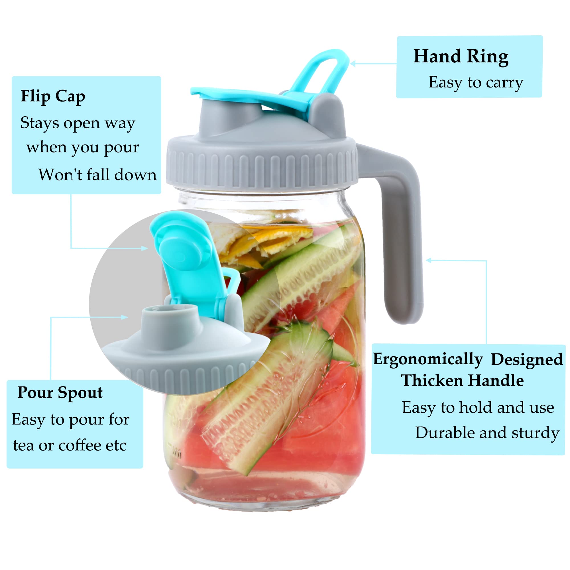 Wide Mouth Mason Jar Lids With Pour Spout Airtight Leak-Proof Flip Cap Lids With Handle Turns Your Mason Jar Into Pitcher (Jar N