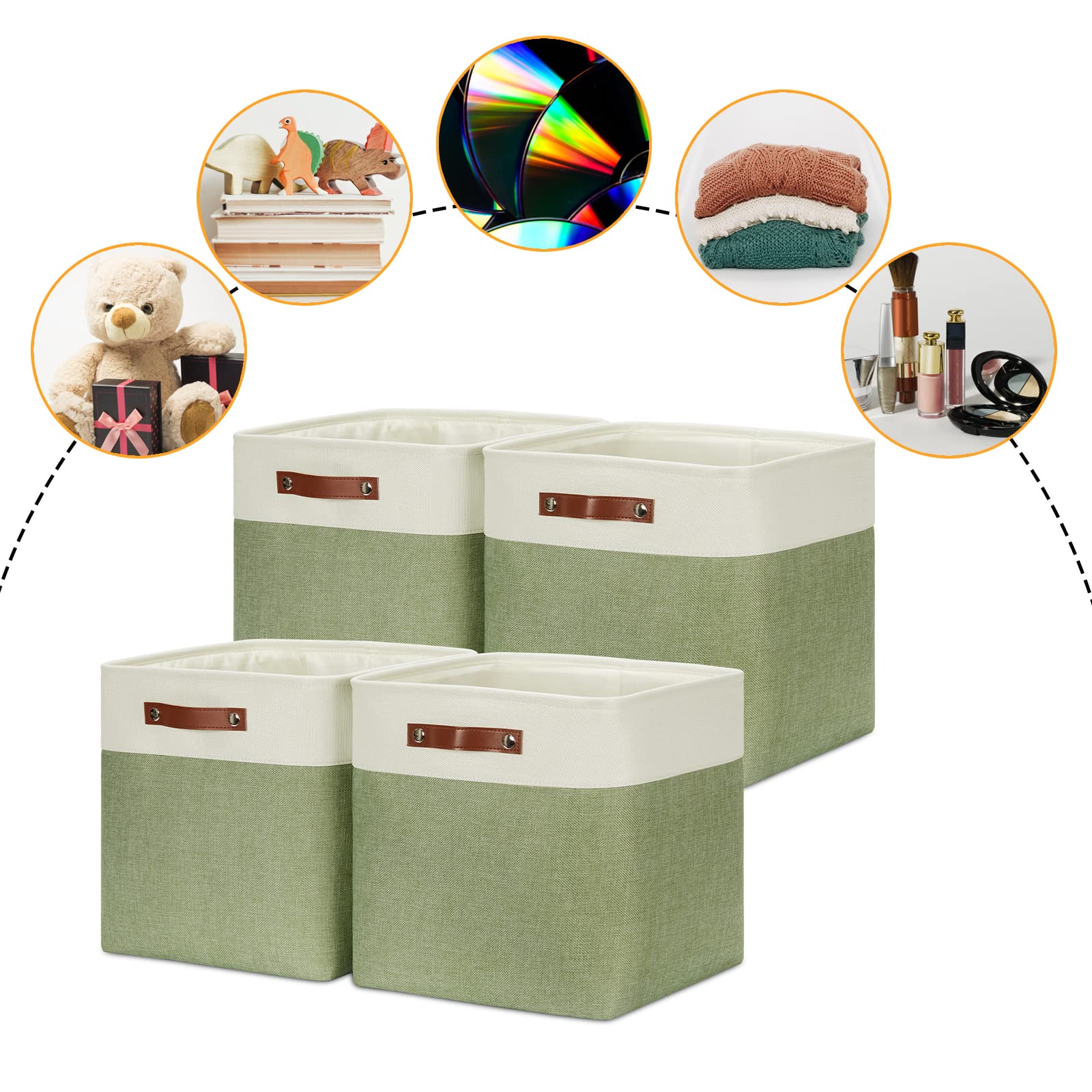 DULLEMELO Storage Baskets for Organizing  Linen Closet Organizers and Storage Baskets for Dog Toy Box  13 Inch Decorative Cube Storage Bins with handle for Baby Gift Basket(4 Pack - 13 '' White&Green)