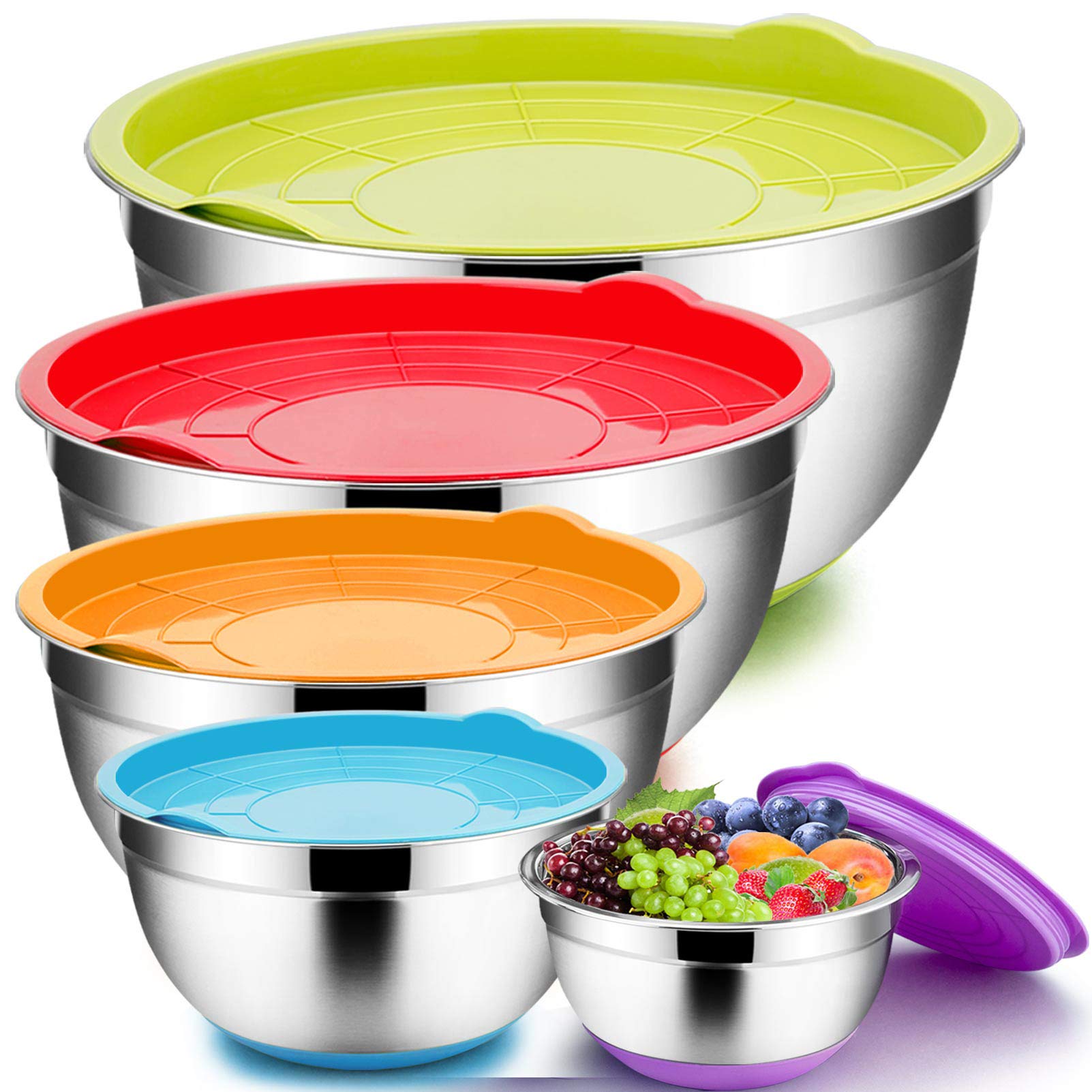 Teamfar Mixing Bowls With Lids Set, 1/1.5/2.5/3.5/7 Qt, Stainless Steel Large Metal Nesting Salad Bowl Set Of 5, Healthy & Sturd