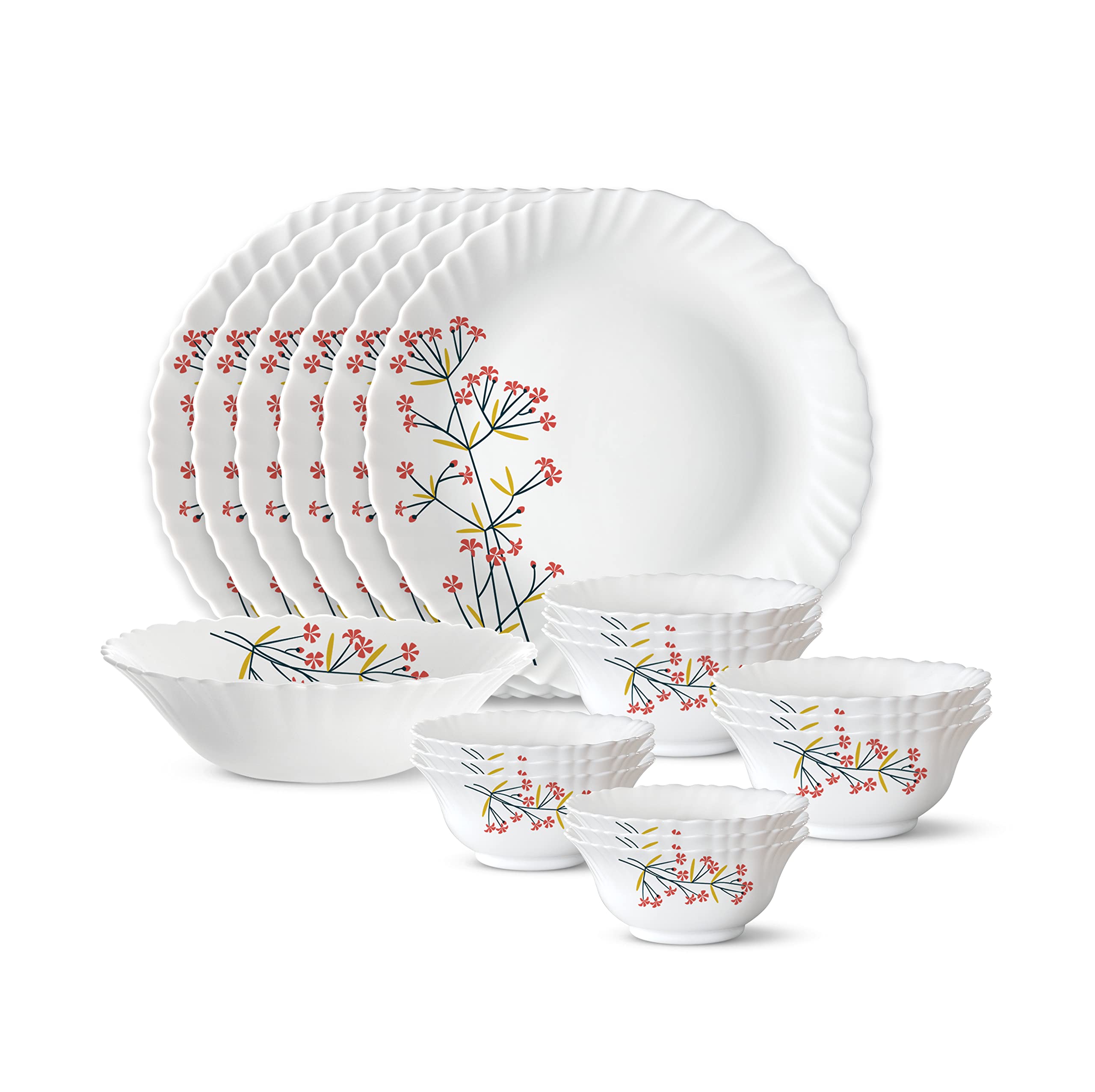 Larah By Borosil Silk Series Opalware Dinner Set | 19 Pieces For Family Of 6 | Microwave & Dishwasher Safe | BoneAsh Free | Cro